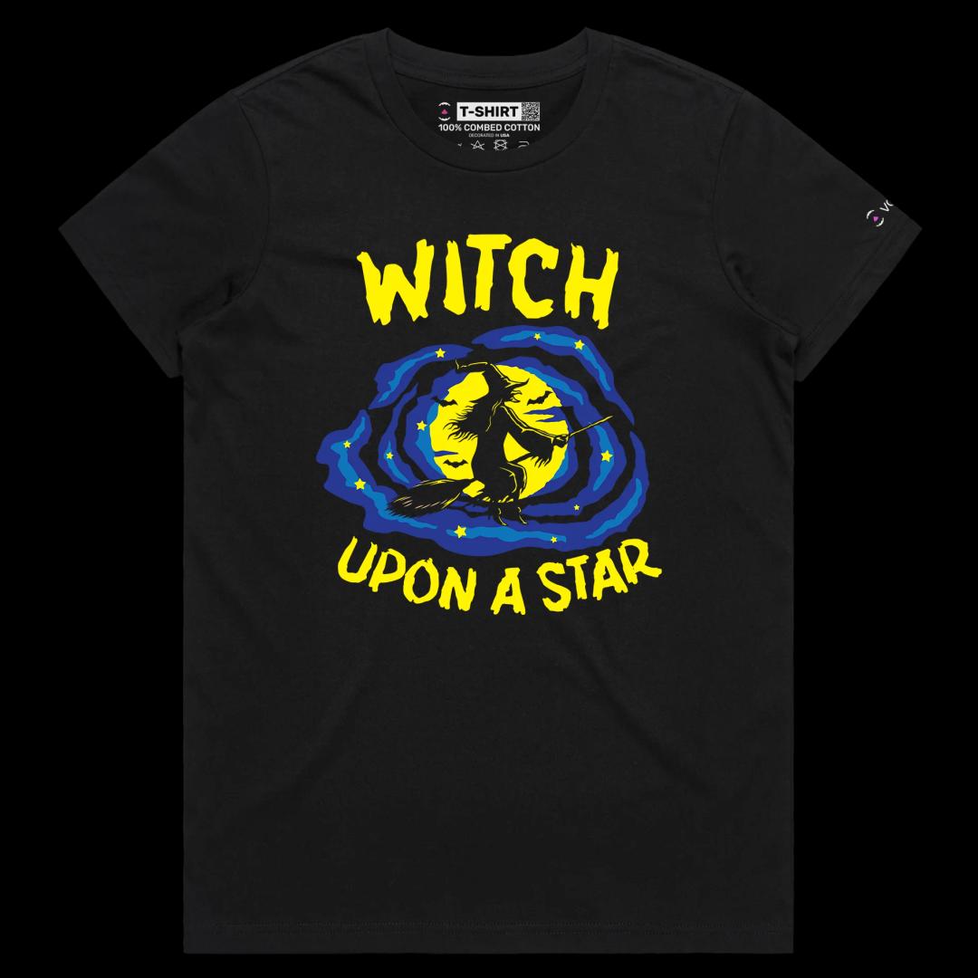 VOICEART Black Female Regular Witch on the Broom Funny Shirt with Premium Quality Graphic Flying Over the Moon Dark Humor Tee