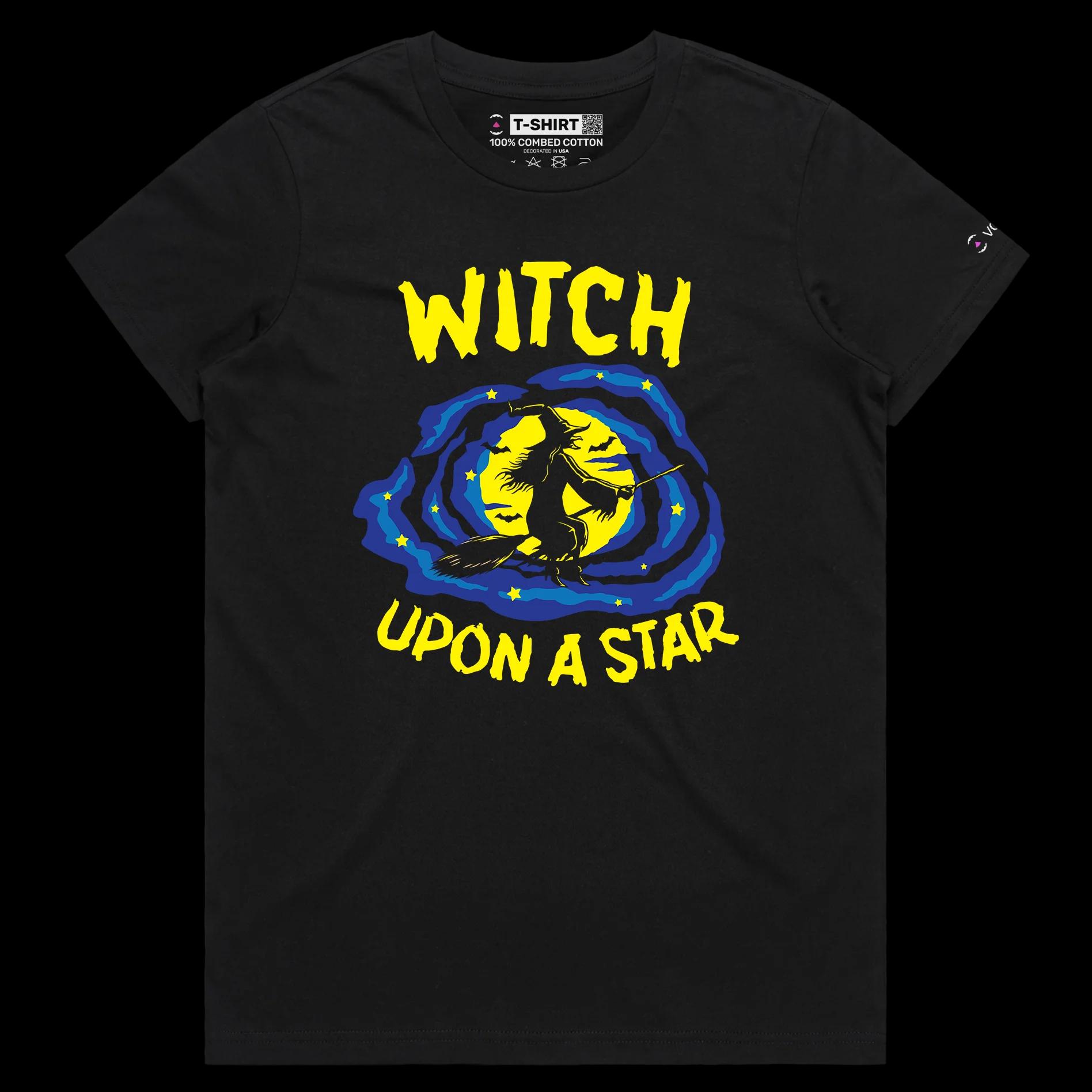 VOICEART Black Female Regular Witch on the Broom Funny Shirt with Premium Quality Graphic Flying Over the Moon Dark Humor Tee