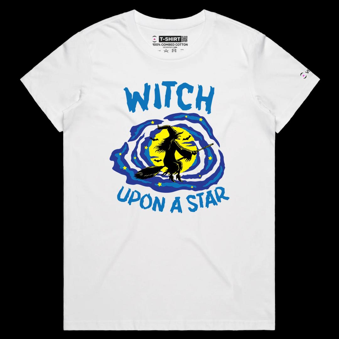 VOICEART White Female Regular Witch on the Broom Funny Shirt with Premium Quality Graphic Flying Over the Moon Dark Humor Tee