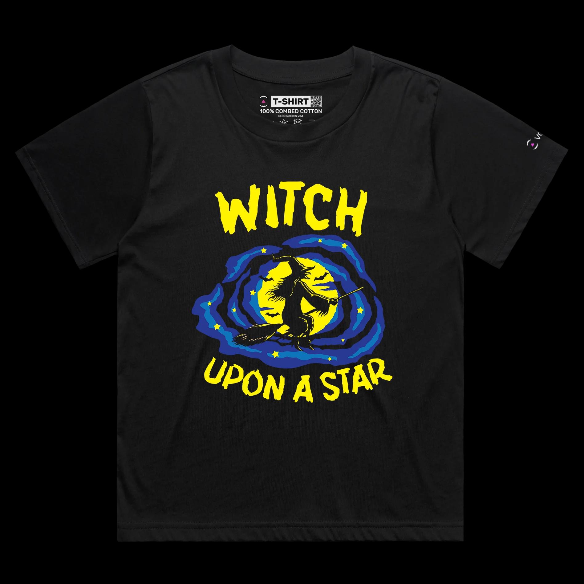 VOICEART Black Female Loose Witch on the Broom Funny Shirt with Premium Quality Graphic Flying Over the Moon Dark Humor Tee