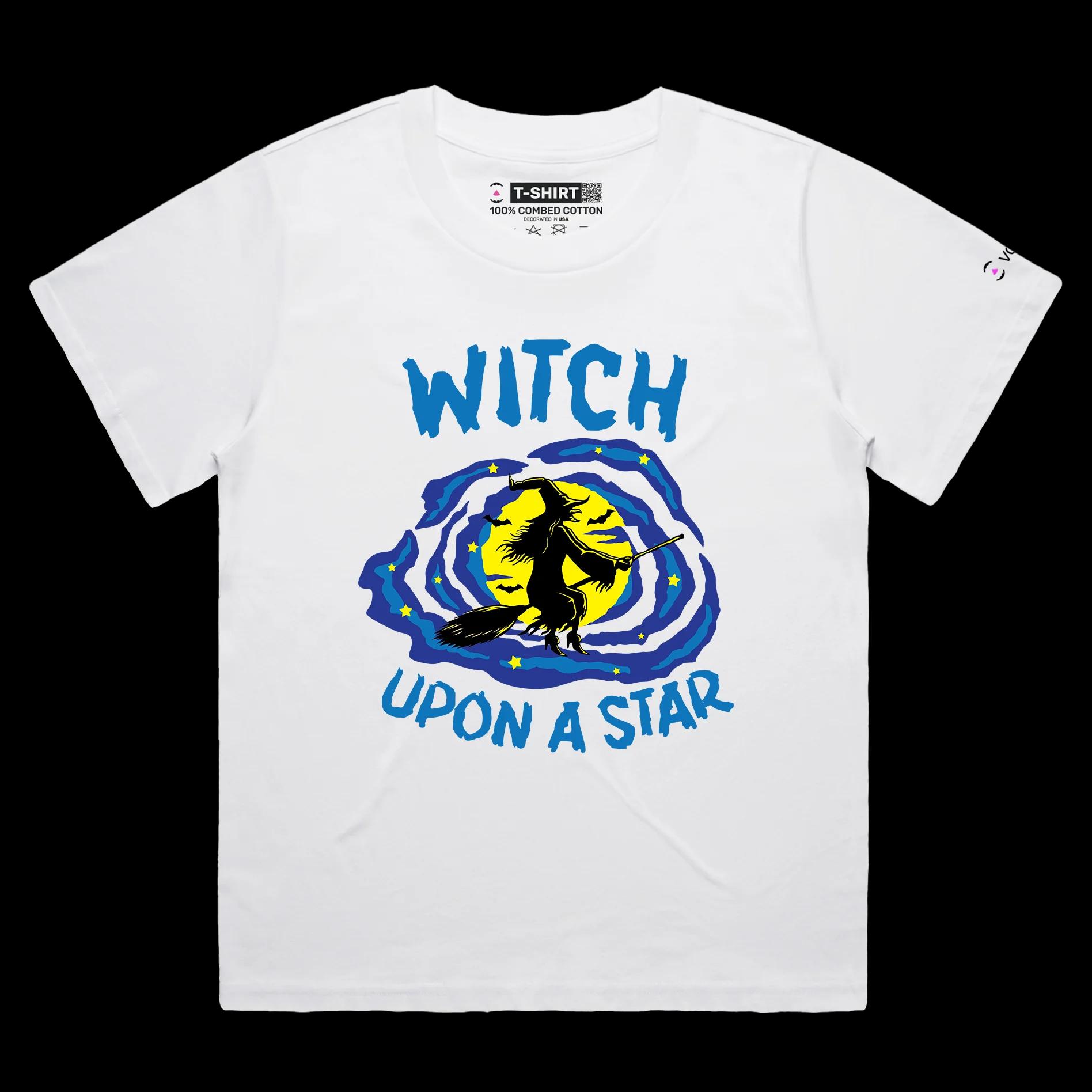 VOICEART White Female Loose Witch on the Broom Funny Shirt with Premium Quality Graphic Flying Over the Moon Dark Humor Tee