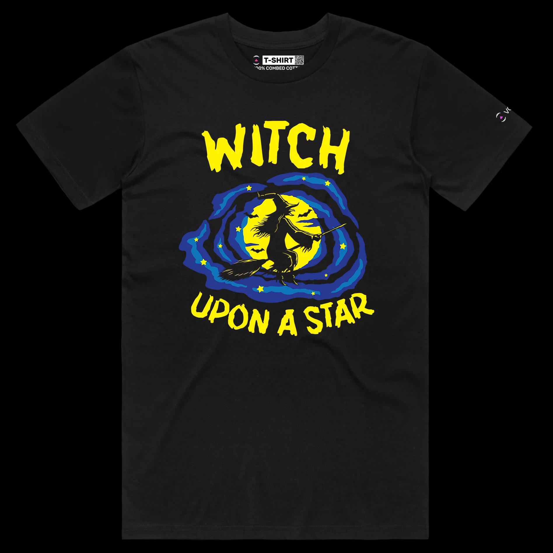 VOICEART Black Male Regular Witch on the Broom Funny Shirt with Premium Quality Graphic Flying Over the Moon Dark Humor Tee