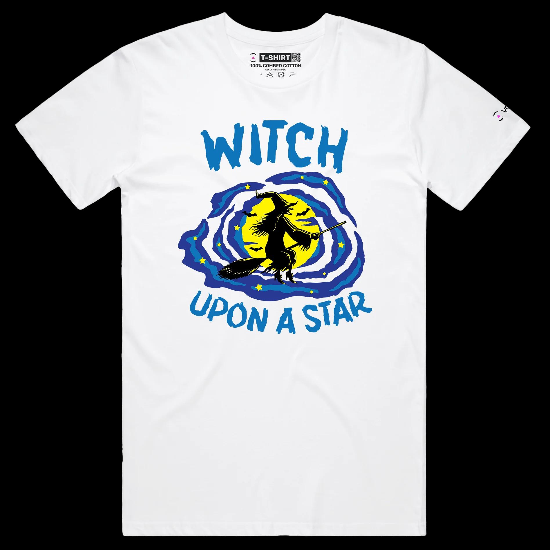 VOICEART White Male Regular Witch on the Broom Funny Shirt with Premium Quality Graphic Flying Over the Moon Dark Humor Tee
