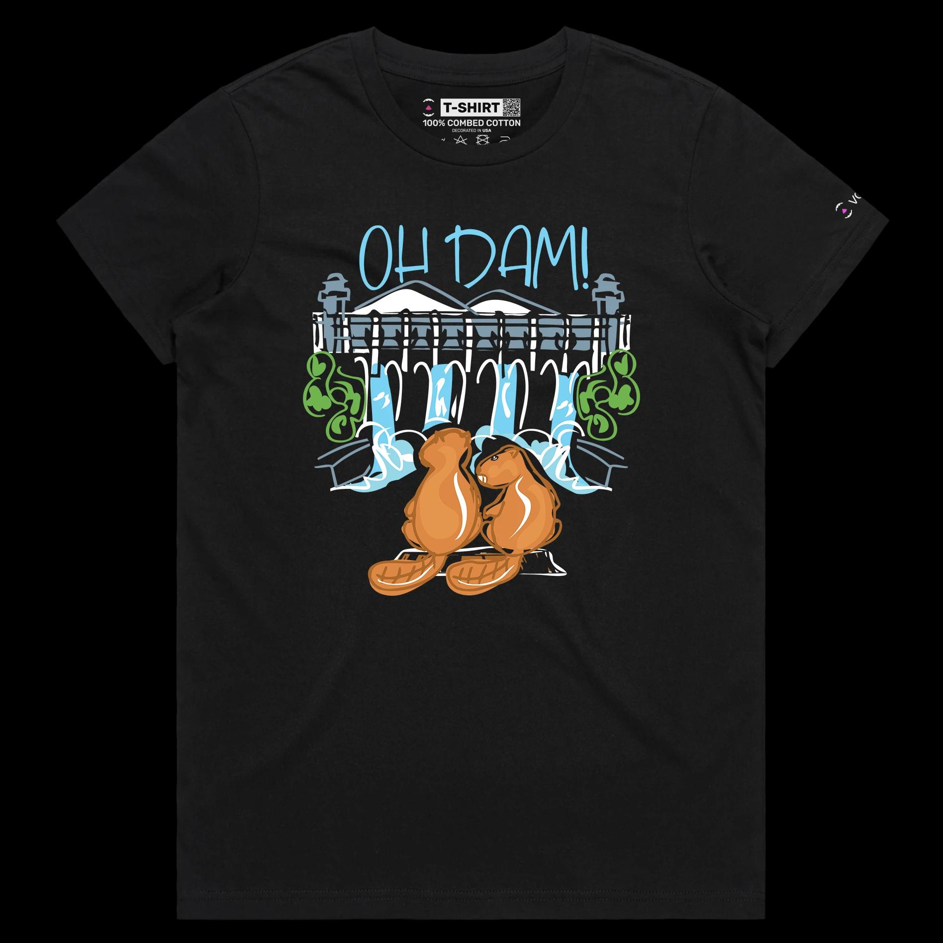 VOICEART Black Female Regular Two Beavers and a Dam Funny Animals T-shirt Premium Quality Graphic Design Oh Dam Wordplay Tee