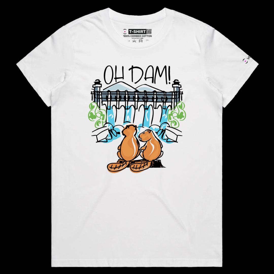 VOICEART White Female Regular Two Beavers and a Dam Funny Animals T-shirt Premium Quality Graphic Design Oh Dam Wordplay Tee