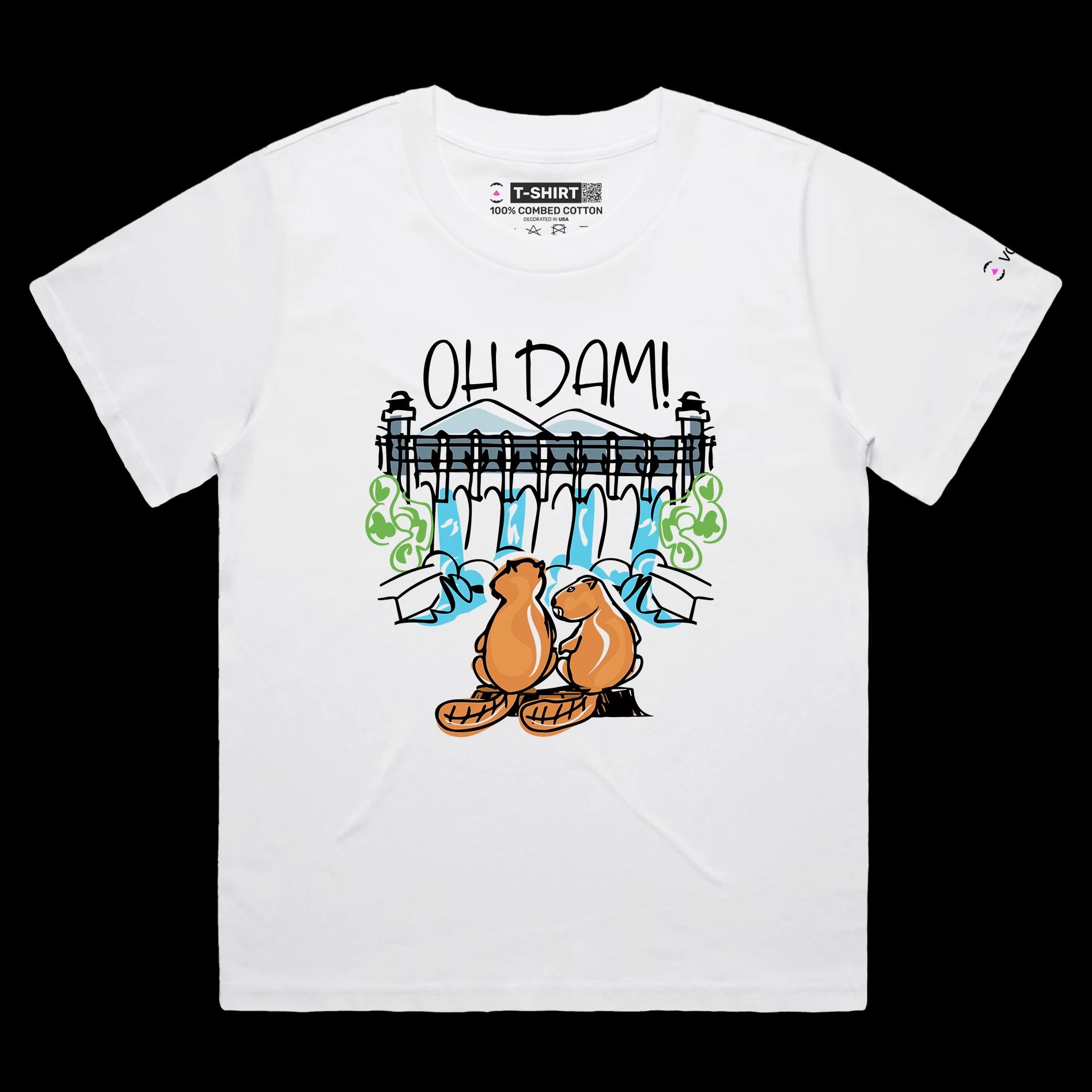 VOICEART White Female Loose Two Beavers and a Dam Funny Animals T-shirt Premium Quality Graphic Design Oh Dam Wordplay Tee