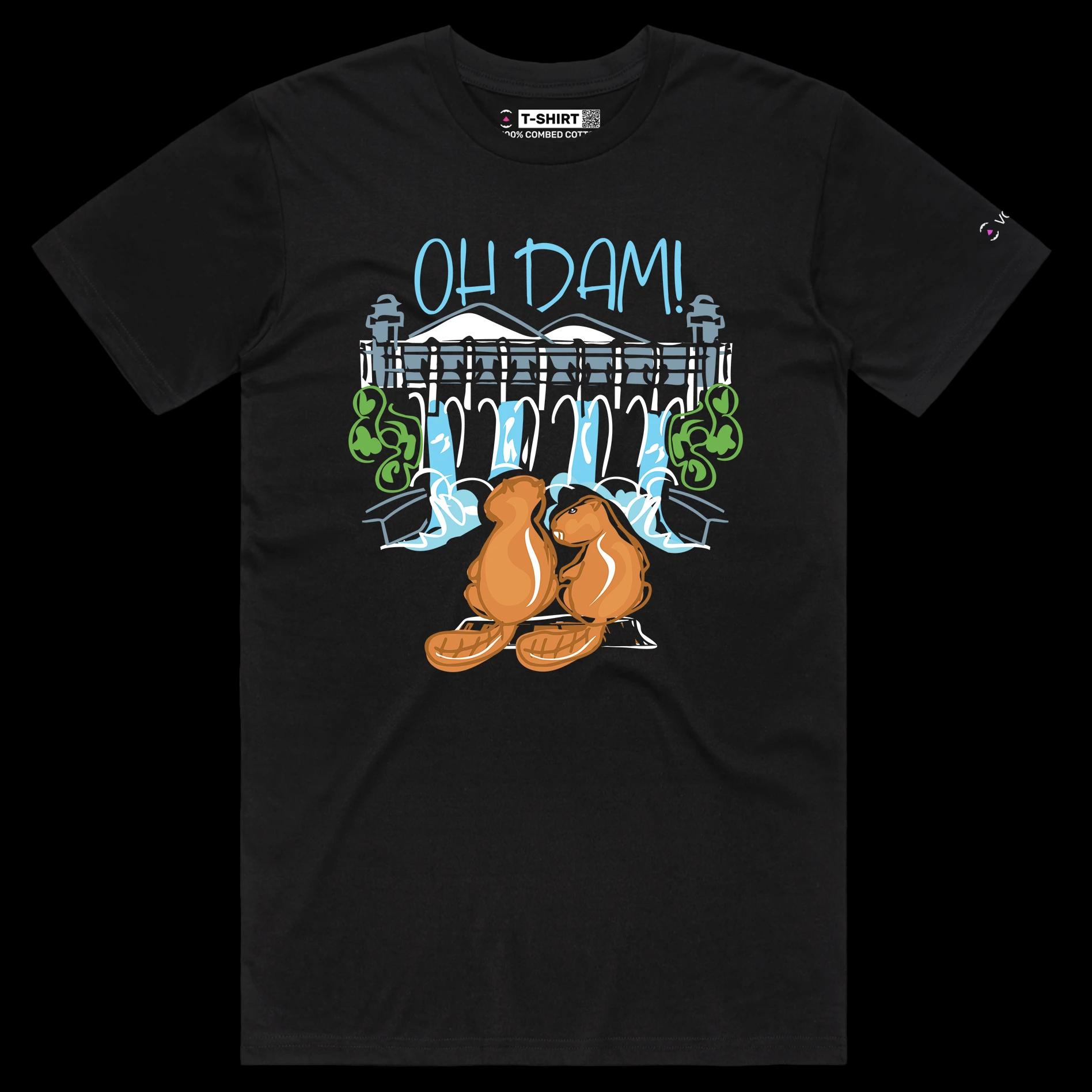 VOICEART Black Male Regular Two Beavers and a Dam Funny Animals T-shirt Premium Quality Graphic Design Oh Dam Wordplay Tee