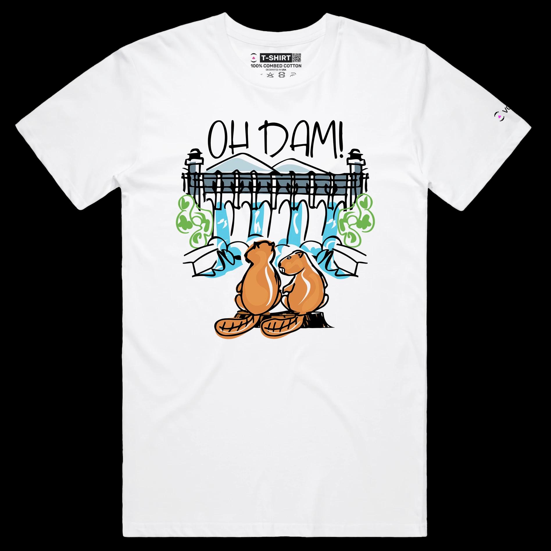 VOICEART White Male Regular Two Beavers and a Dam Funny Animals T-shirt Premium Quality Graphic Design Oh Dam Wordplay Tee