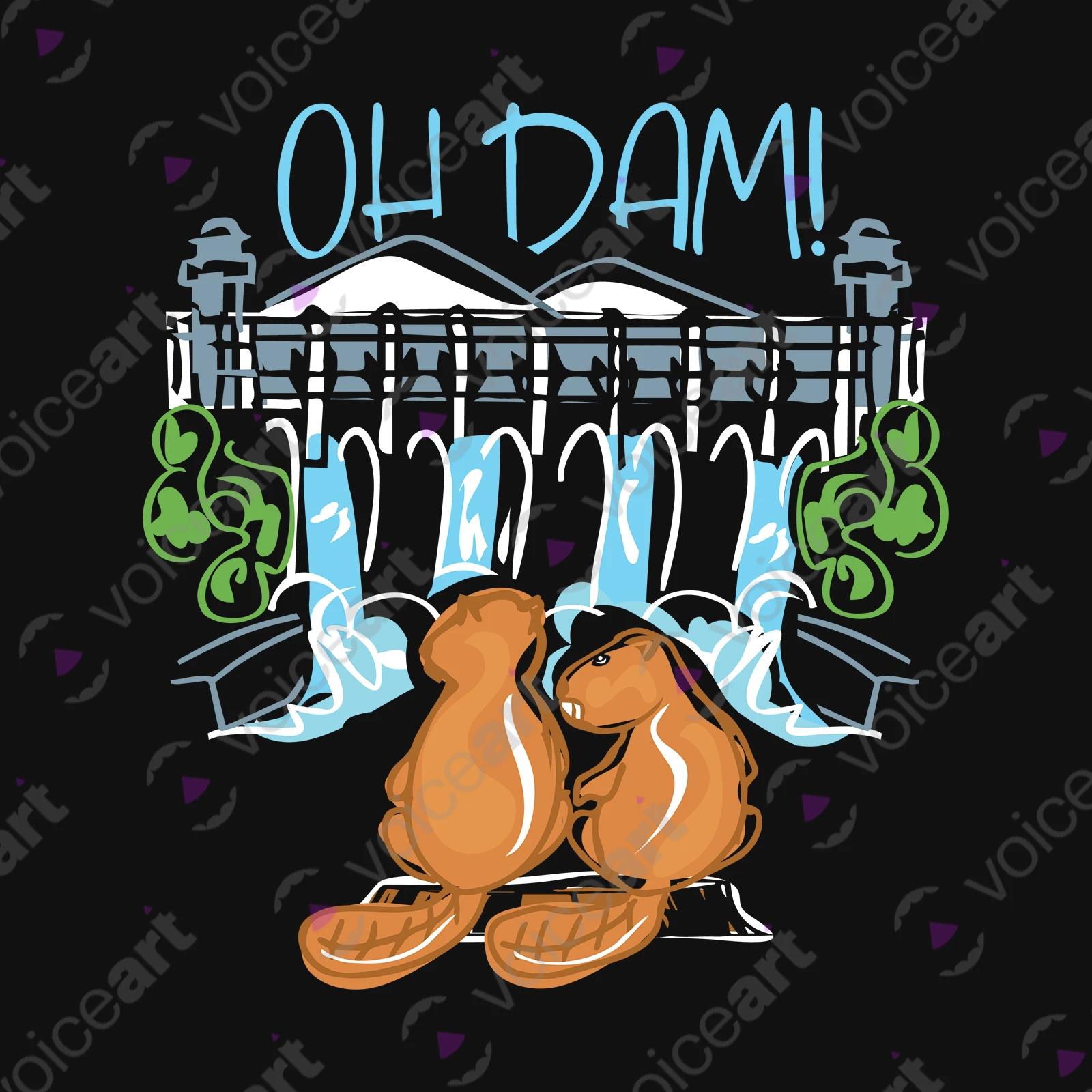 VOICEART Black Watermark Two Beavers and a Dam Funny Animals T-shirt Premium Quality Graphic Design Oh Dam Wordplay Tee