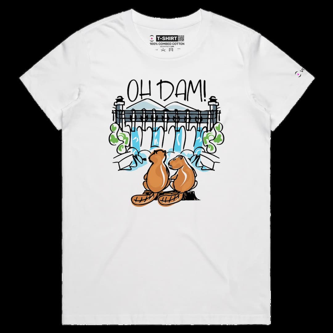 White Female Oh Dam T-shirt, With Two Beavers design VOICEART