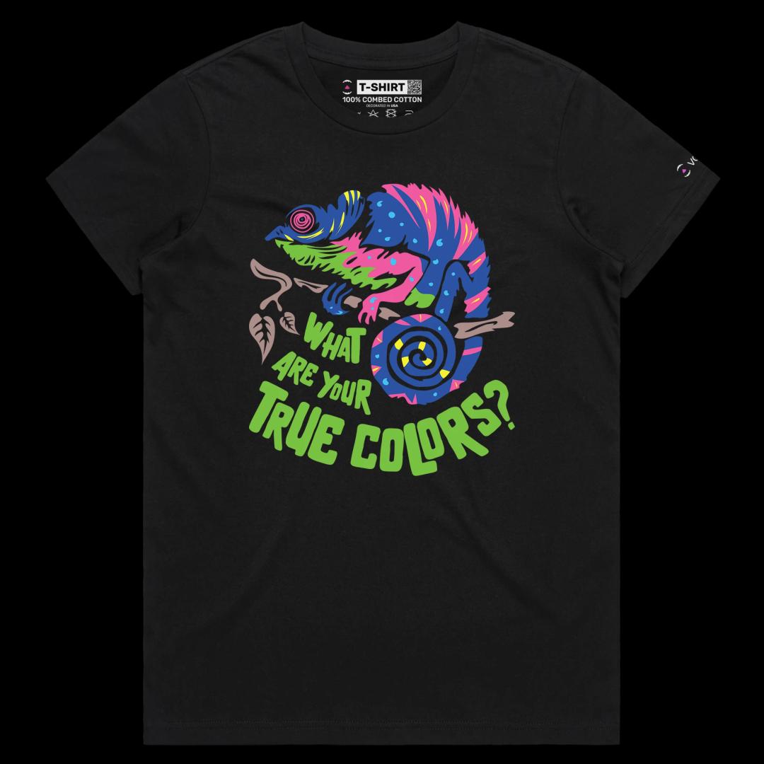 VOICEART Black Female Regular Chameleon True Colors Funny Animals T-Shirt Premium Graphic Camouflaged Lizards Wordplay Tee