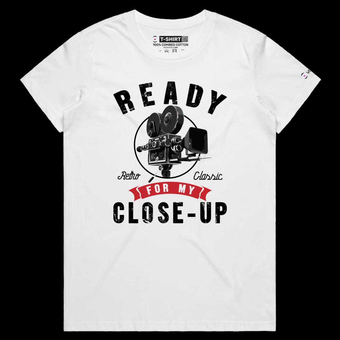 VOICEART White Female Regular Historical Movie Camera Funny T-Shirt with Premium Quality Graphic Design Retro Close Up Tee