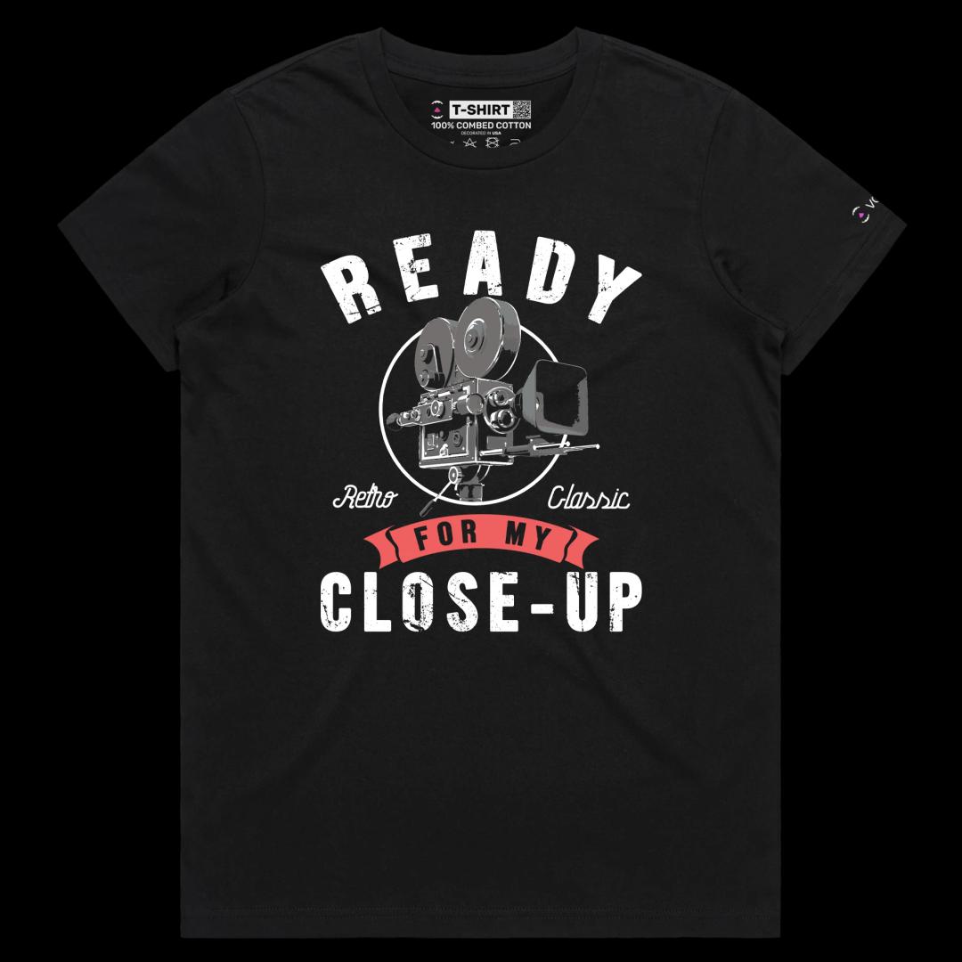 VOICEART Black Female Regular Historical Movie Camera Funny T-Shirt with Premium Quality Graphic Design Retro Close Up Tee