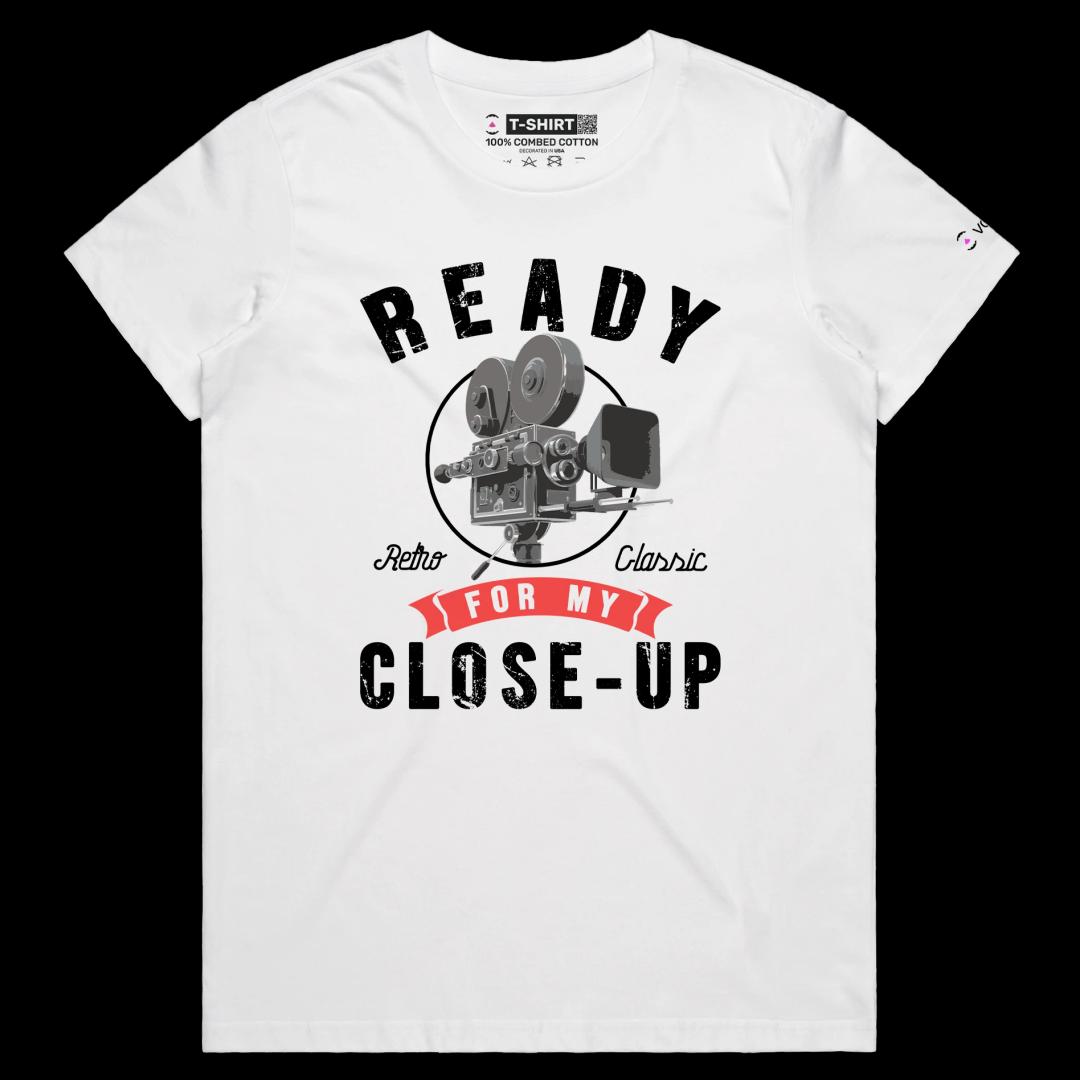 VOICEART White Female Regular Historical Movie Camera Funny T-Shirt with Premium Quality Graphic Design Retro Close Up Tee