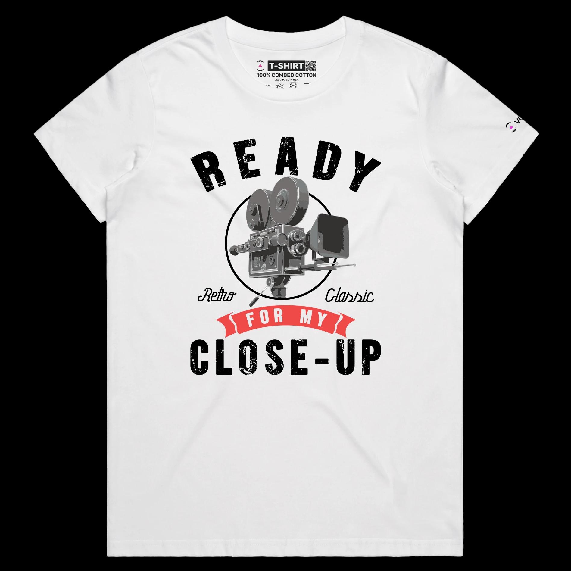 VOICEART White Female Regular Historical Movie Camera Funny T-Shirt with Premium Quality Graphic Design Retro Close Up Tee