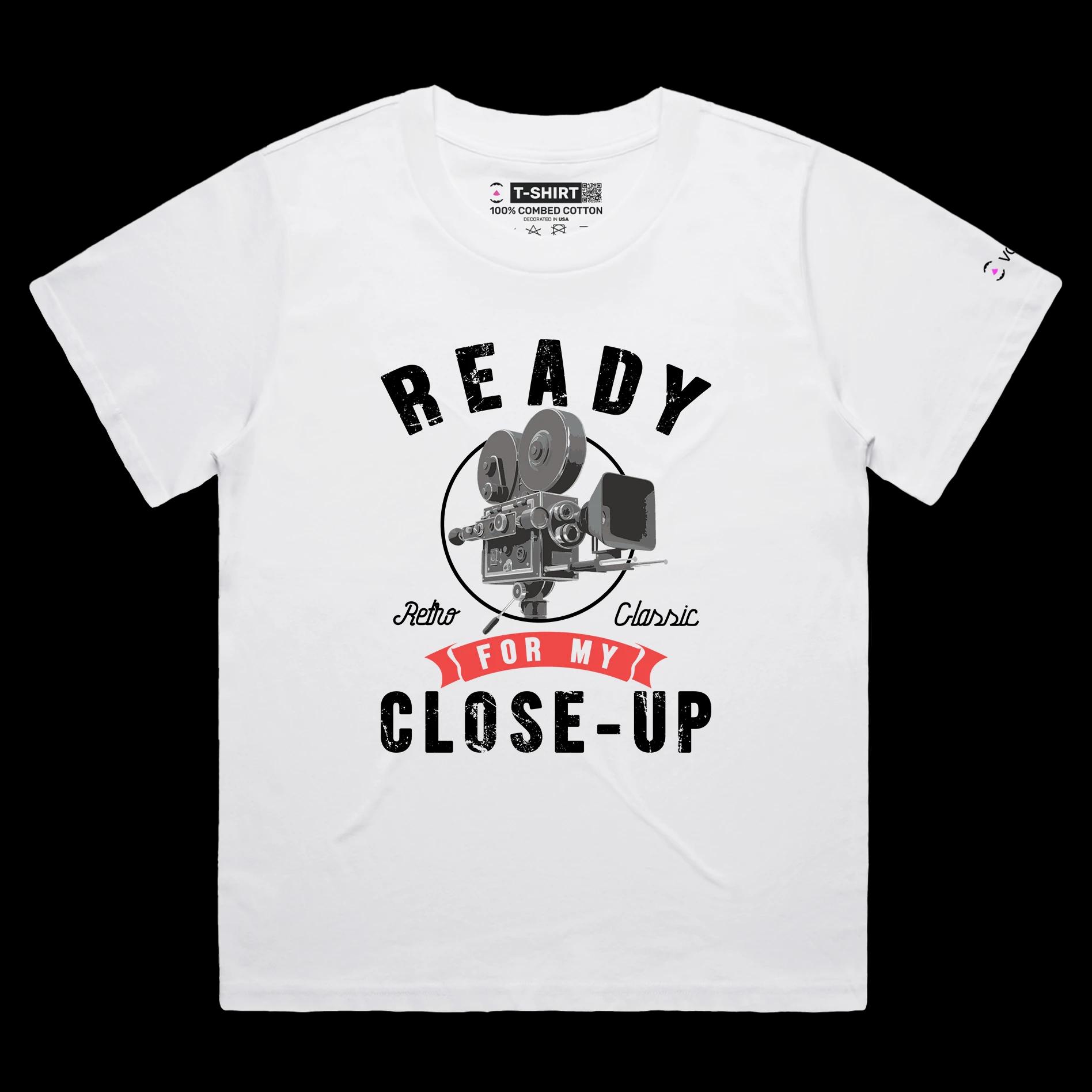 VOICEART White Female Loose Historical Movie Camera Funny T-Shirt with Premium Quality Graphic Design Retro Close Up Tee