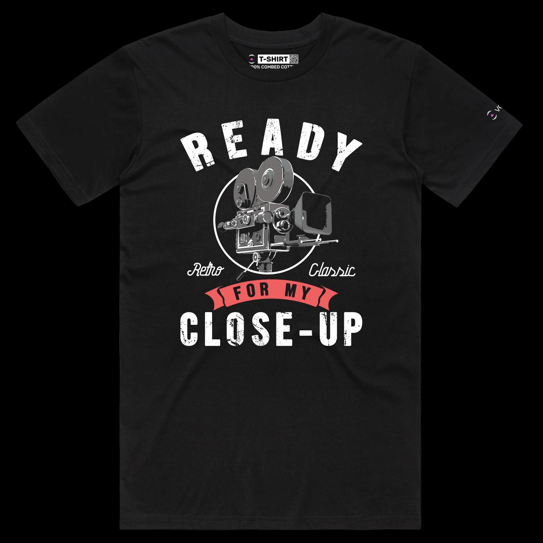 VOICEART Black Male Regular Historical Movie Camera Funny T-Shirt with Premium Quality Graphic Design Retro Close Up Tee