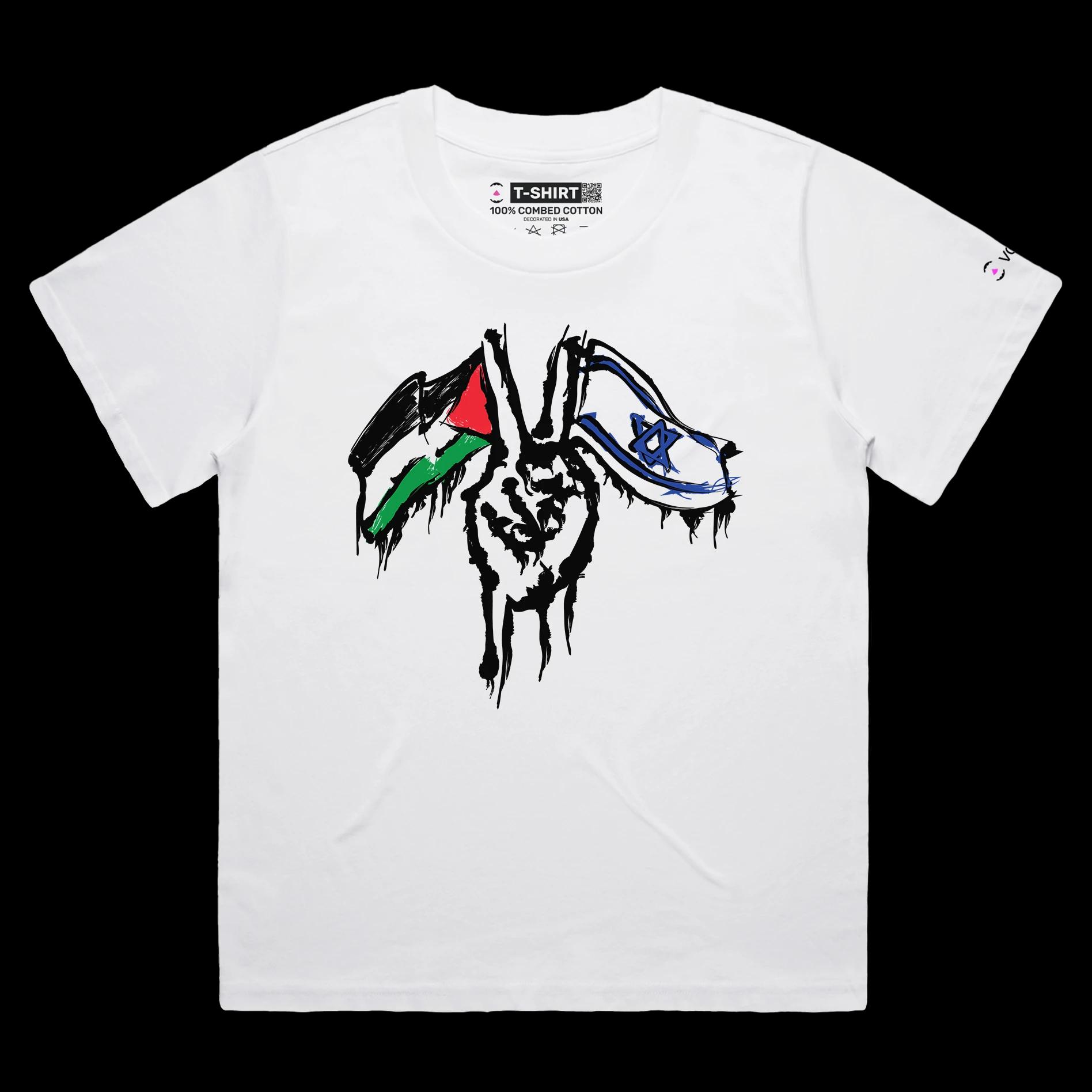 VOICEART White Female Loose Peace Symbol Shirt Premium for Israel and Palestine Reconciliation Peace for Middle East Tee