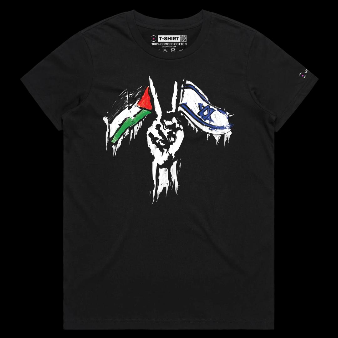 VOICEART Black Female Regular Peace Symbol Shirt Premium for Israel and Palestine Reconciliation Peace for Middle East Tee