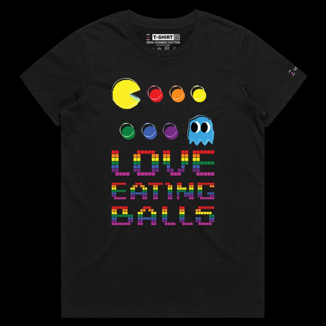 VOICEART Black Female Regular PacMan Eating Balls Funny T-Shirt Premium Graphic Design LGBTQ Pride Tee Play Words for Adults