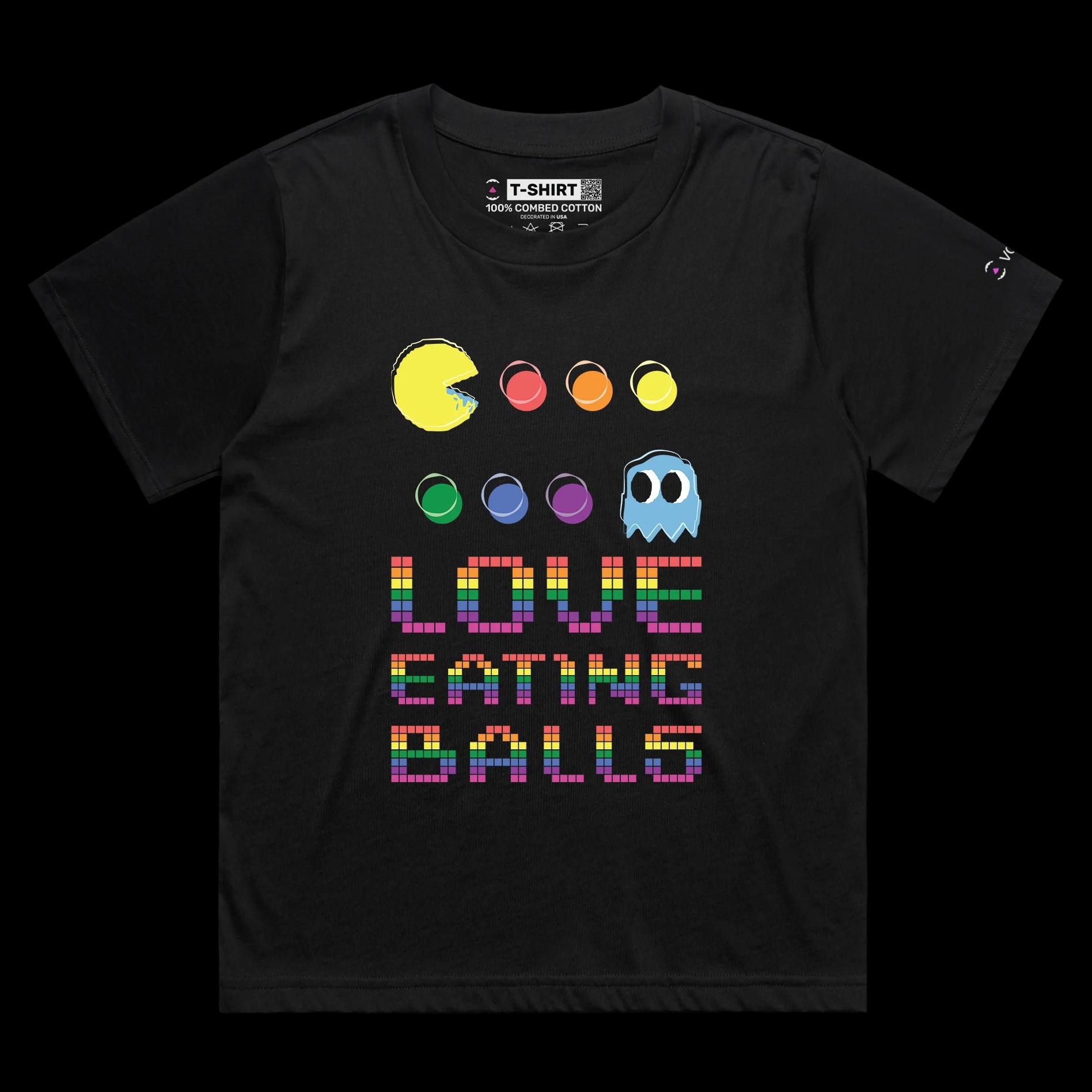 VOICEART Black Female Loose PacMan Eating Balls Funny T-Shirt Premium Graphic Design LGBTQ Pride Tee Play Words for Adults