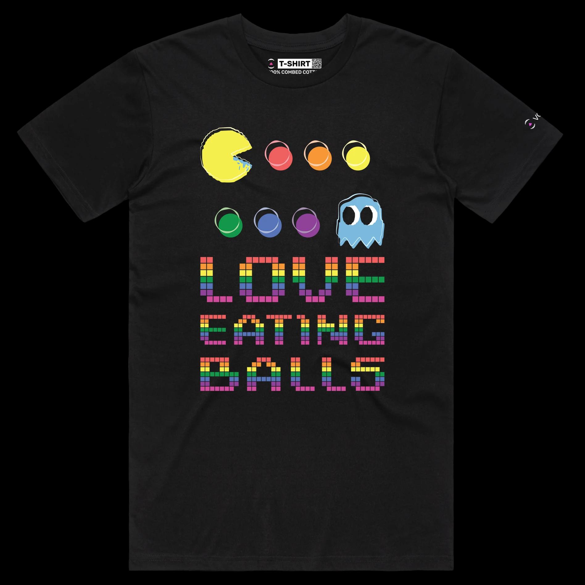 VOICEART Black Male Regular PacMan Eating Balls Funny T-Shirt Premium Graphic Design LGBTQ Pride Tee Play Words for Adults