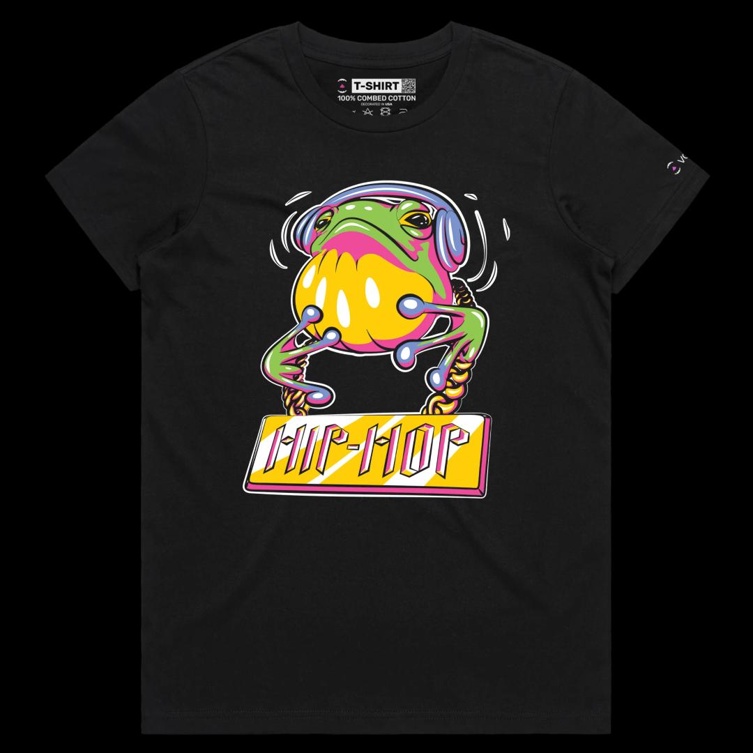 VOICEART Black Female Regular Hip Hop Frog with Headphones Funny Animals T-Shirt Premium Graphic Toad in the Pond Tee