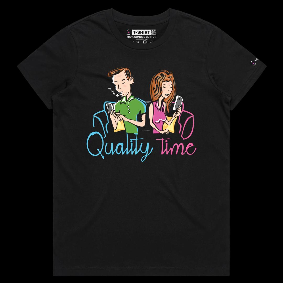 VOICEART Black Female Regular Quality Relationship Time Funny Graphic Tee for Couples Combed Cotton Short Sleeve T-Shirt