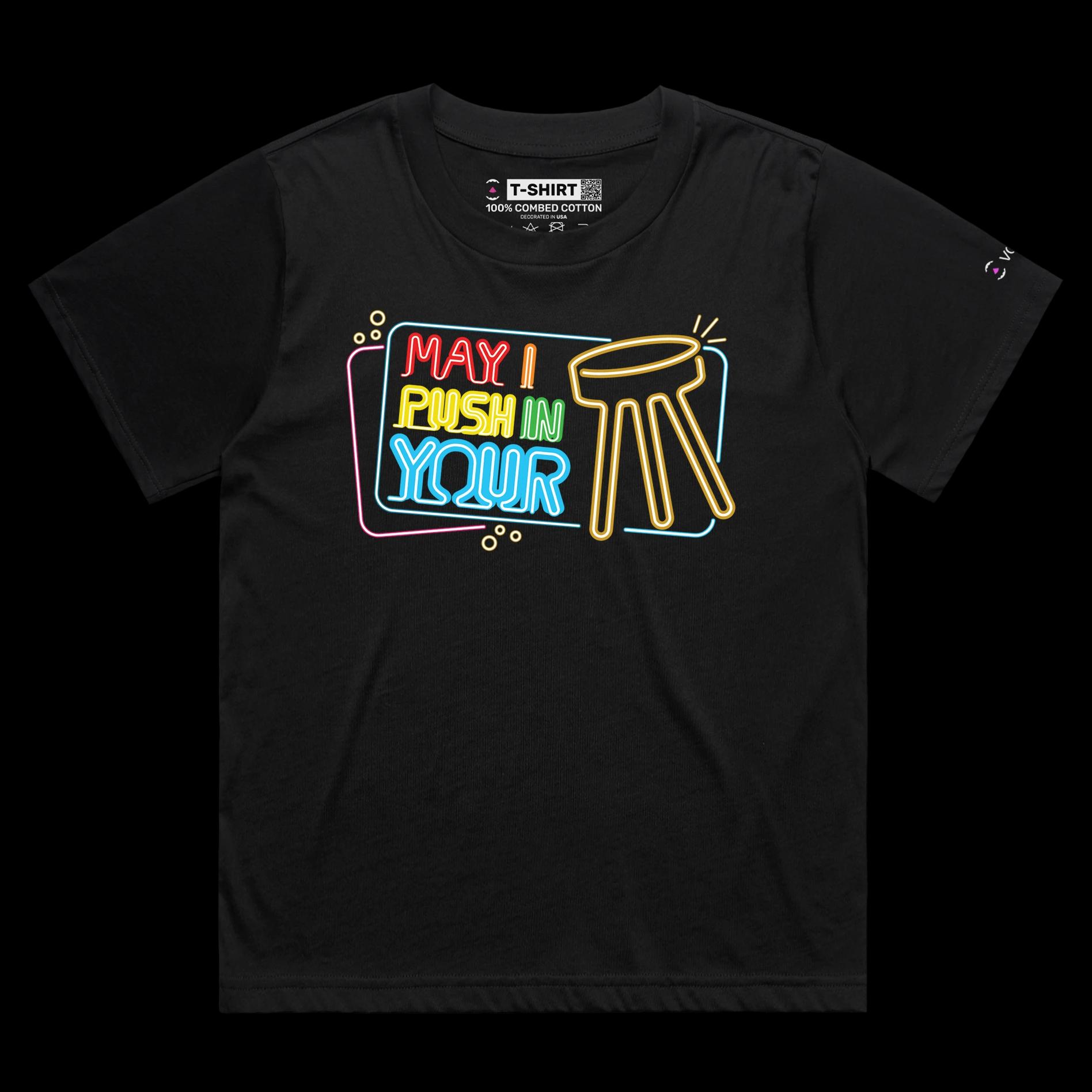 VOICEART Black Female Loose May I Push In Your Stool Funny T-Shirt Premium Graphic Gentleman Tee Play on Words for Adults