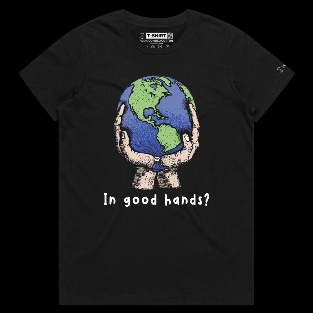 VOICEART Black Female Regular Save the World from Global Warming T-Shirt with Premium Quality Graphic Globe Held By Hands