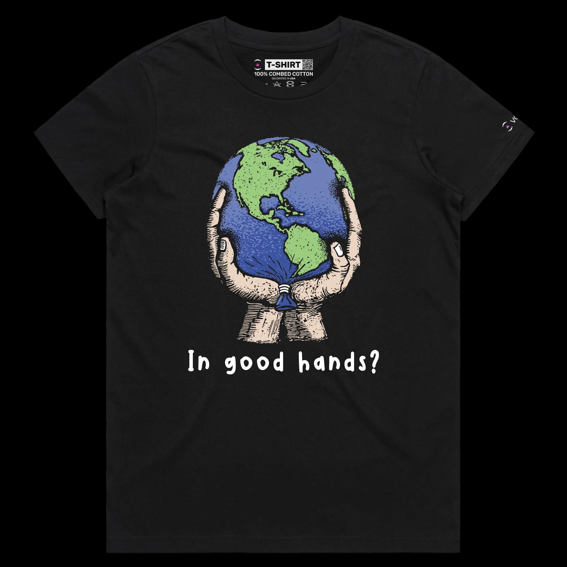 VOICEART Black Female Regular Save the World from Global Warming T-Shirt with Premium Quality Graphic Globe Held By Hands