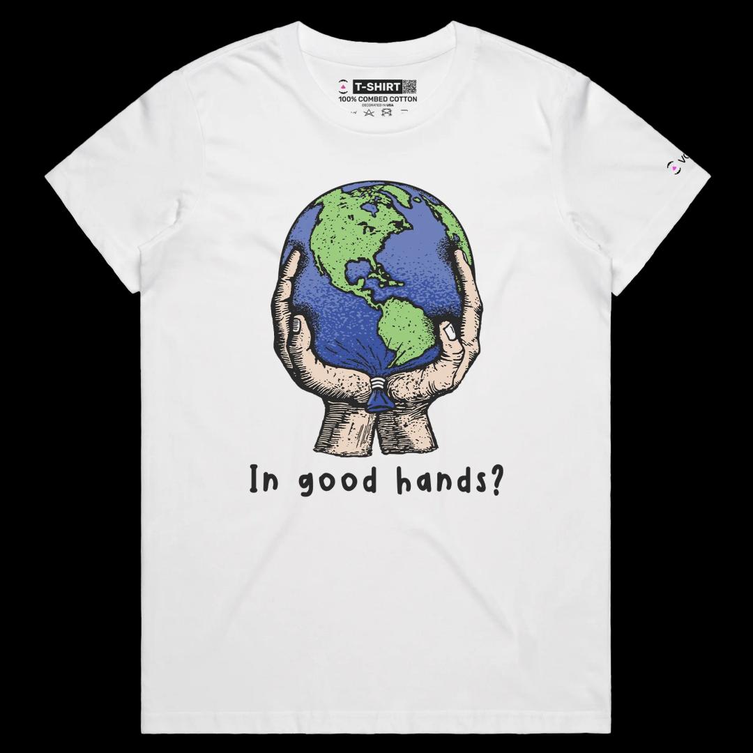 VOICEART White Female Regular Save the World from Global Warming T-Shirt with Premium Quality Graphic Globe Held By Hands