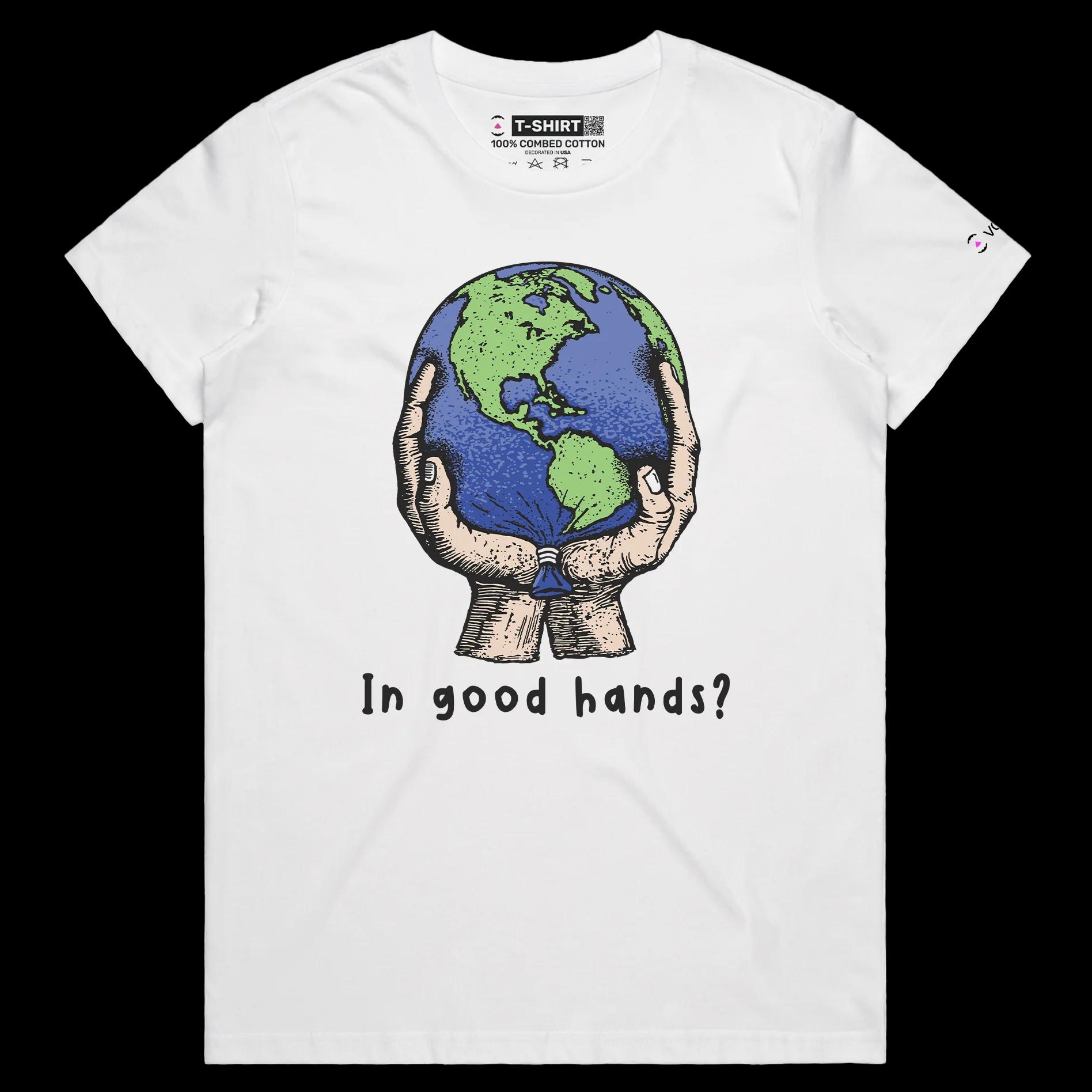 VOICEART White Female Regular Save the World from Global Warming T-Shirt with Premium Quality Graphic Globe Held By Hands