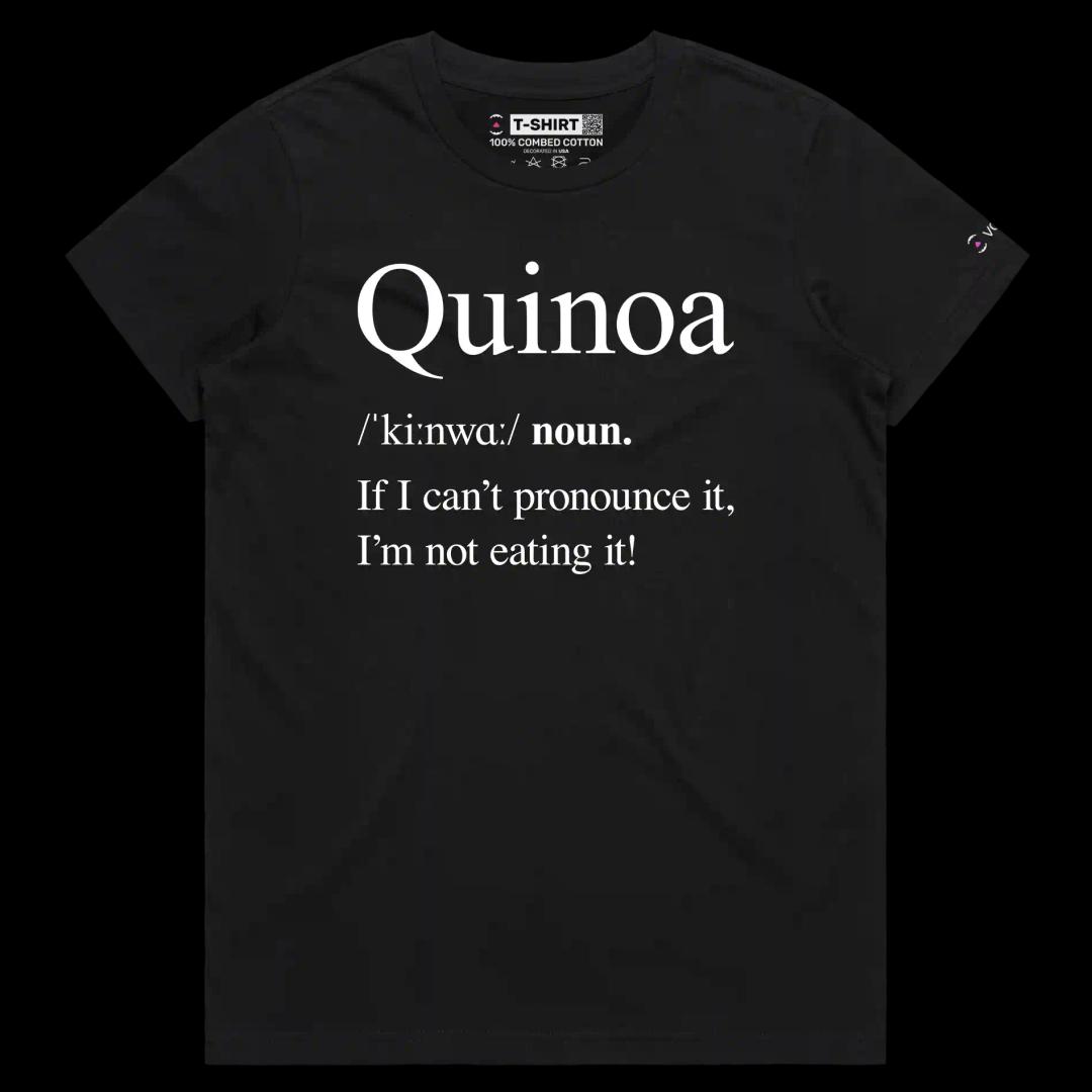 VOICEART Black Female Regular Bag of Quinoa Funny Health Lifestyle T-Shirt Premium Quality Graphic Vegan Humor Spelling Tee