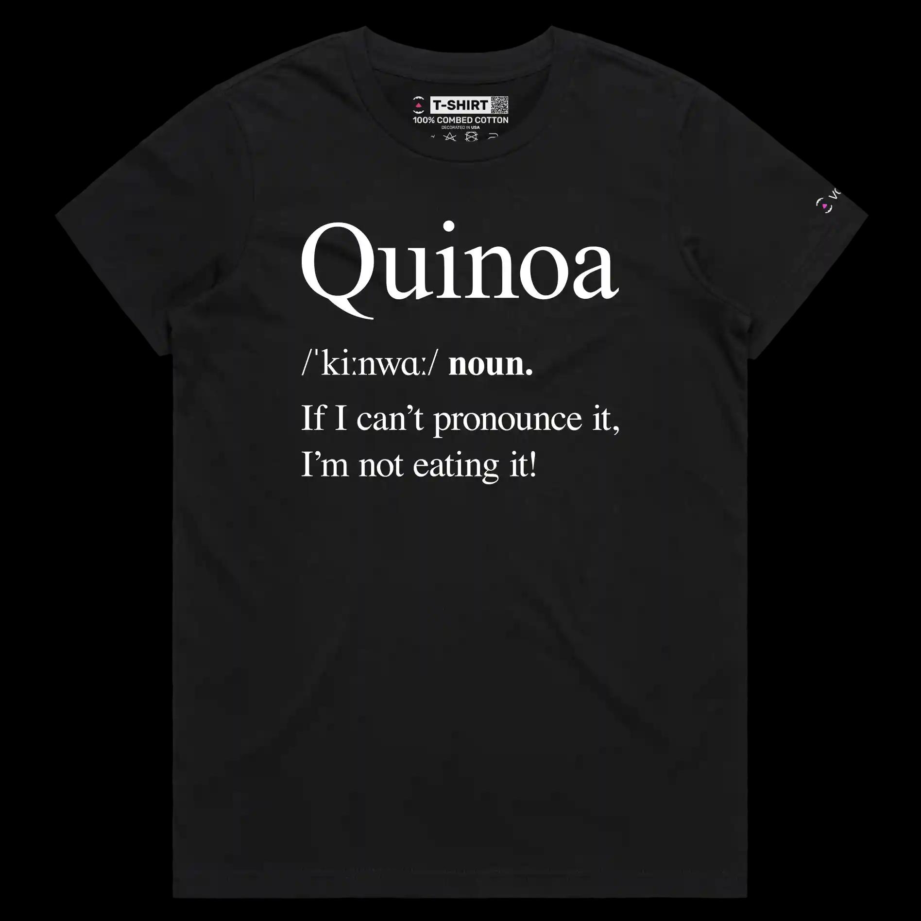 VOICEART Black Female Regular Bag of Quinoa Funny Health Lifestyle T-Shirt Premium Quality Graphic Vegan Humor Spelling Tee