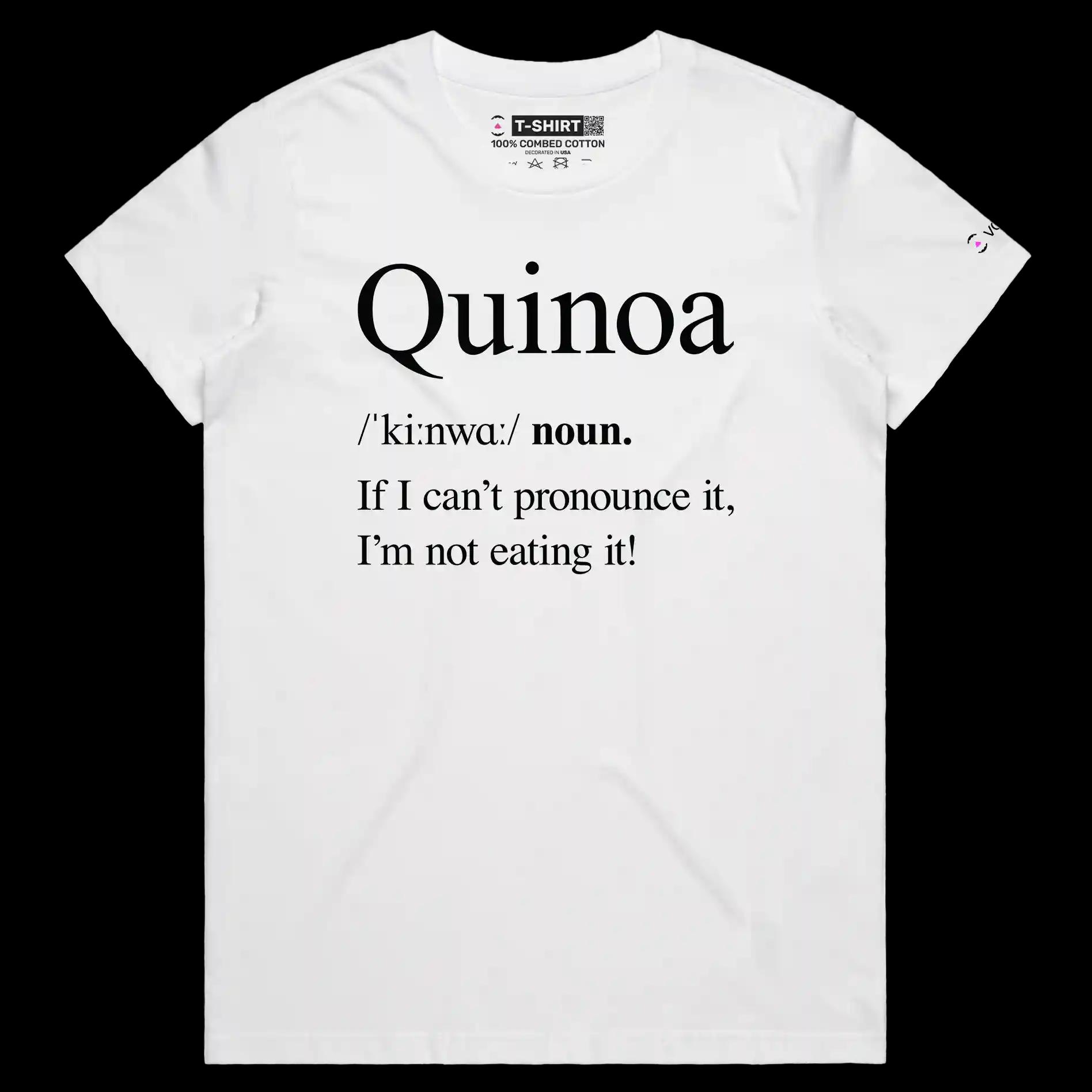 VOICEART White Female Regular Bag of Quinoa Funny Health Lifestyle T-Shirt Premium Quality Graphic Vegan Humor Spelling Tee