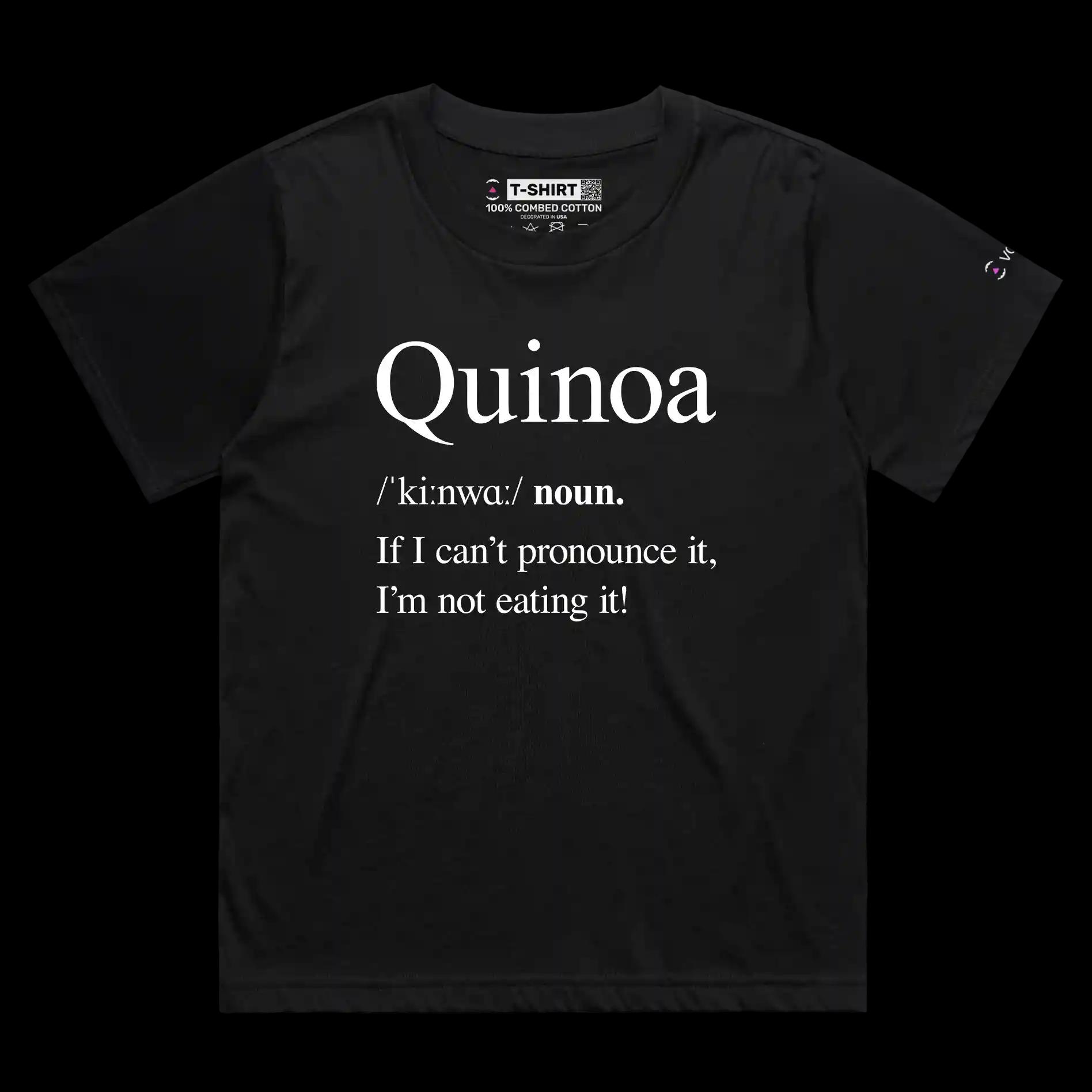 VOICEART Black Female Loose Bag of Quinoa Funny Health Lifestyle T-Shirt Premium Quality Graphic Vegan Humor Spelling Tee