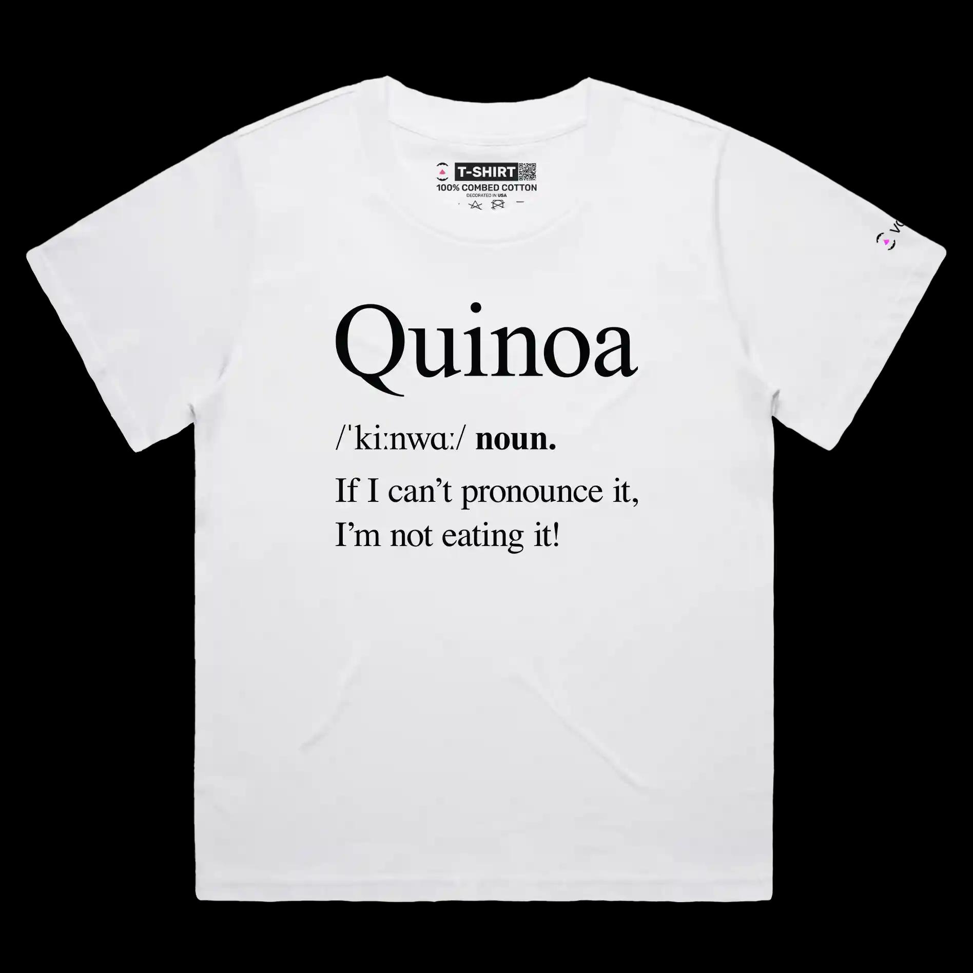 VOICEART White Female Loose Bag of Quinoa Funny Health Lifestyle T-Shirt Premium Quality Graphic Vegan Humor Spelling Tee