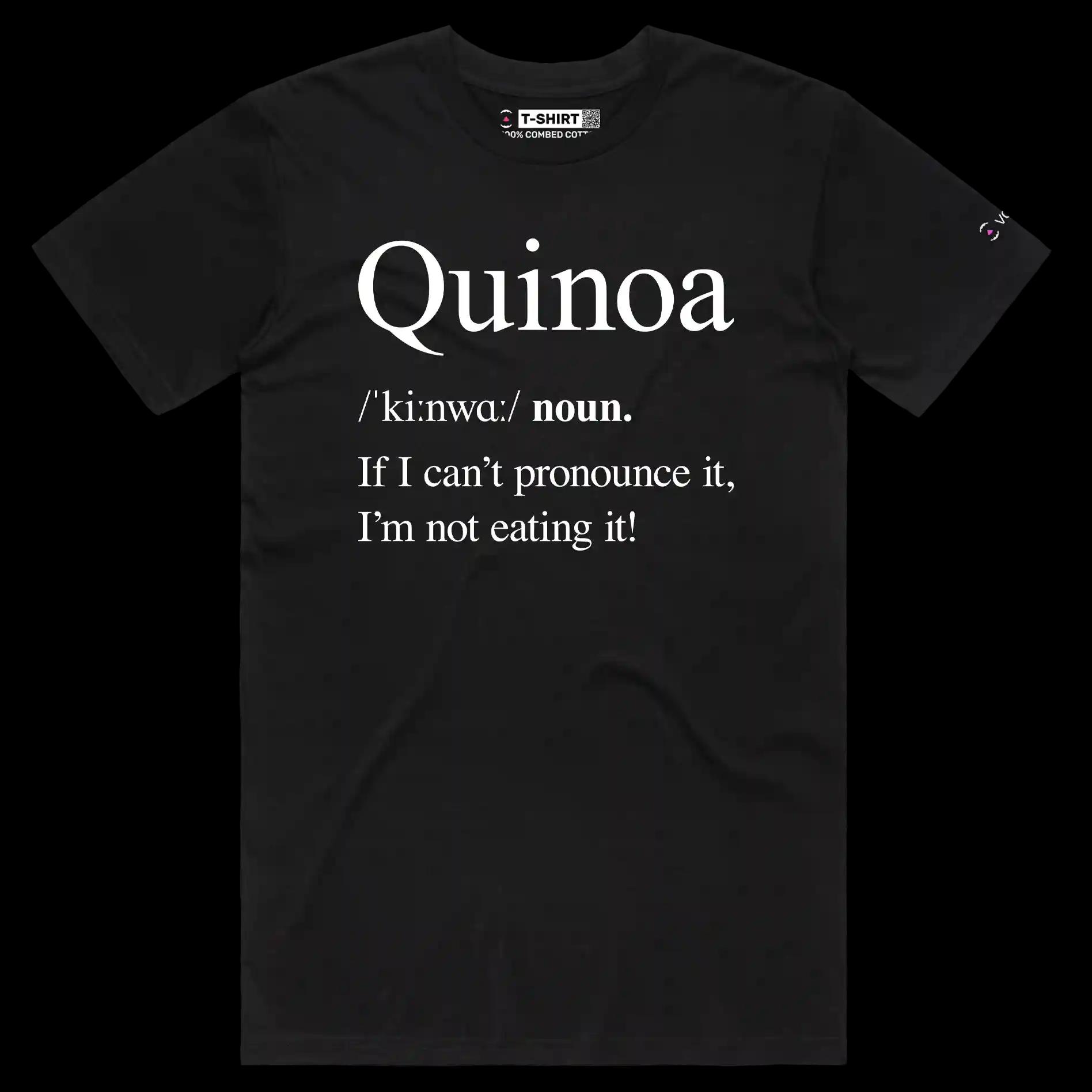 VOICEART Black Male Regular Bag of Quinoa Funny Health Lifestyle T-Shirt Premium Quality Graphic Vegan Humor Spelling Tee
