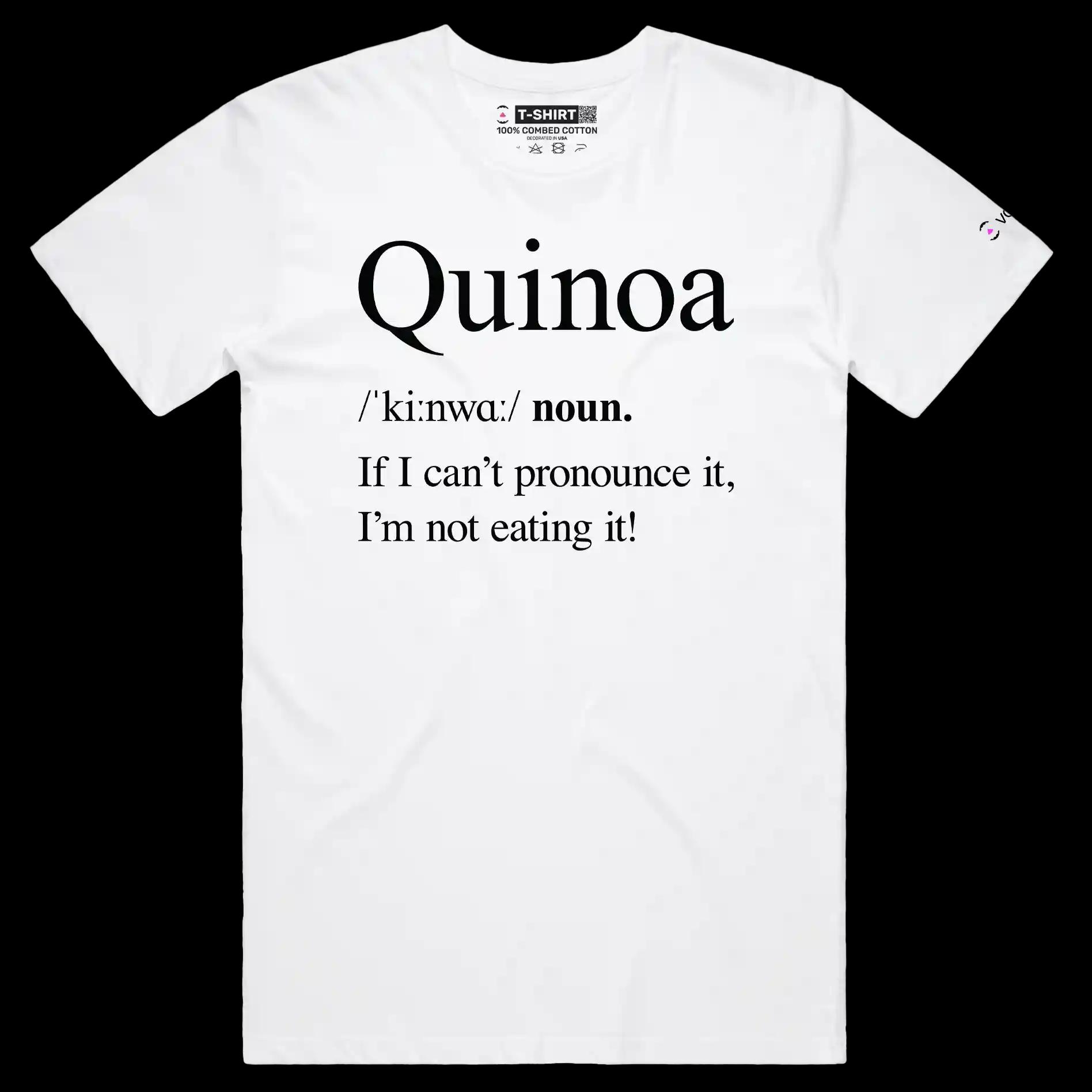 VOICEART White Male Regular Bag of Quinoa Funny Health Lifestyle T-Shirt Premium Quality Graphic Vegan Humor Spelling Tee