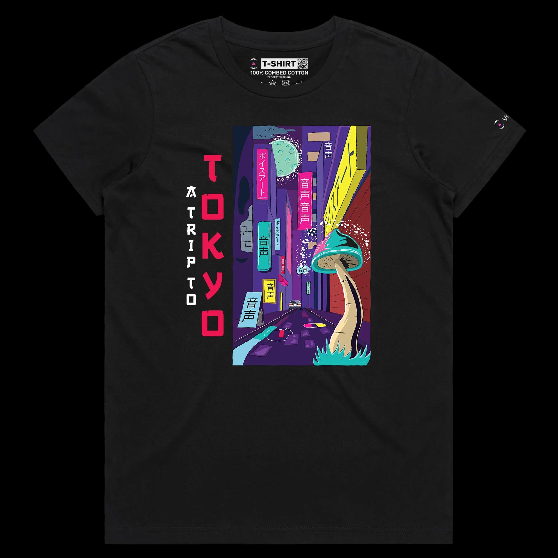 VOICEART Black Female Regular Trip to Tokyo Lifestyle T-Shirt with Premium Quality Graphic Japanese Culture Adventure Tee