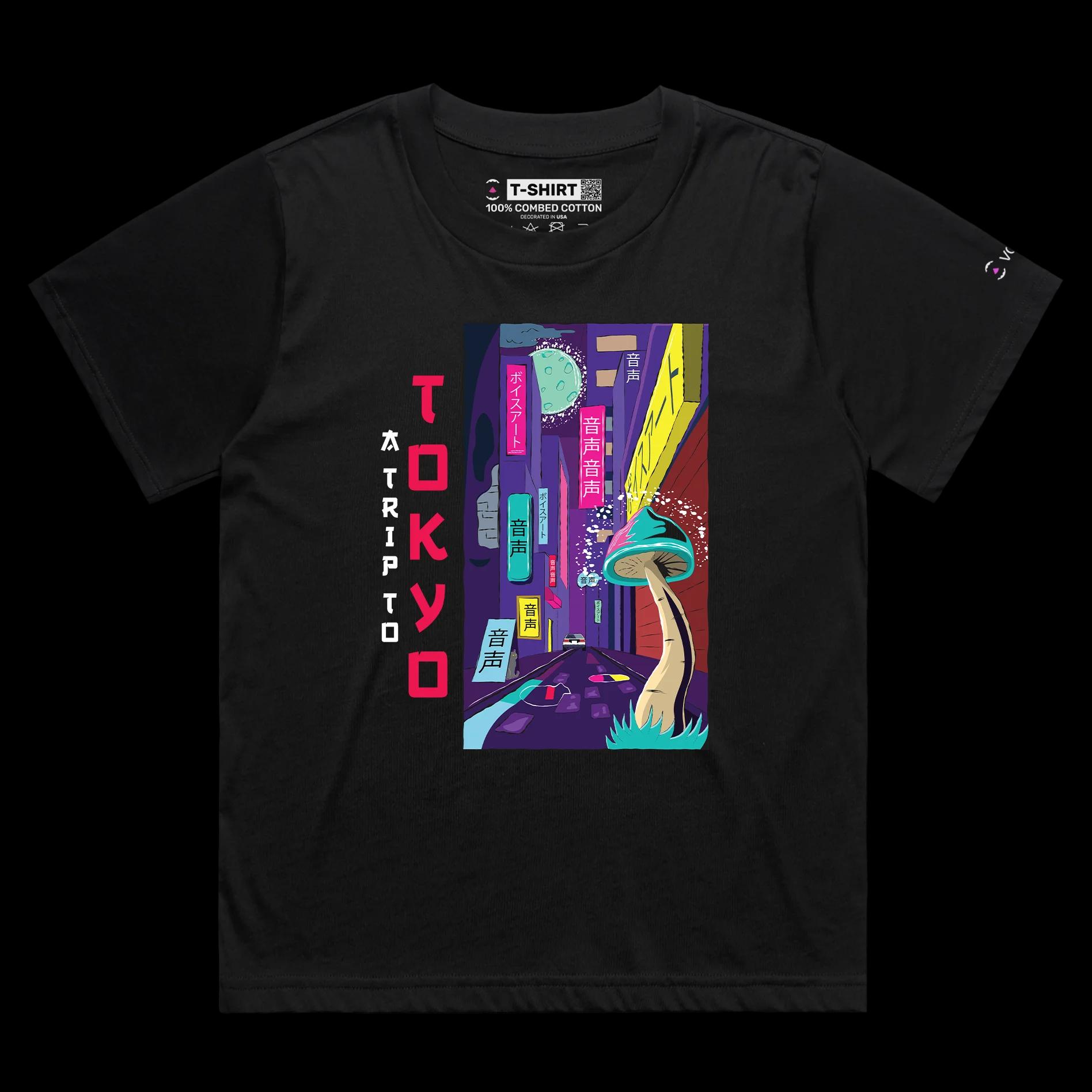 VOICEART Black Female Loose Trip to Tokyo Lifestyle T-Shirt with Premium Quality Graphic Japanese Culture Adventure Tee