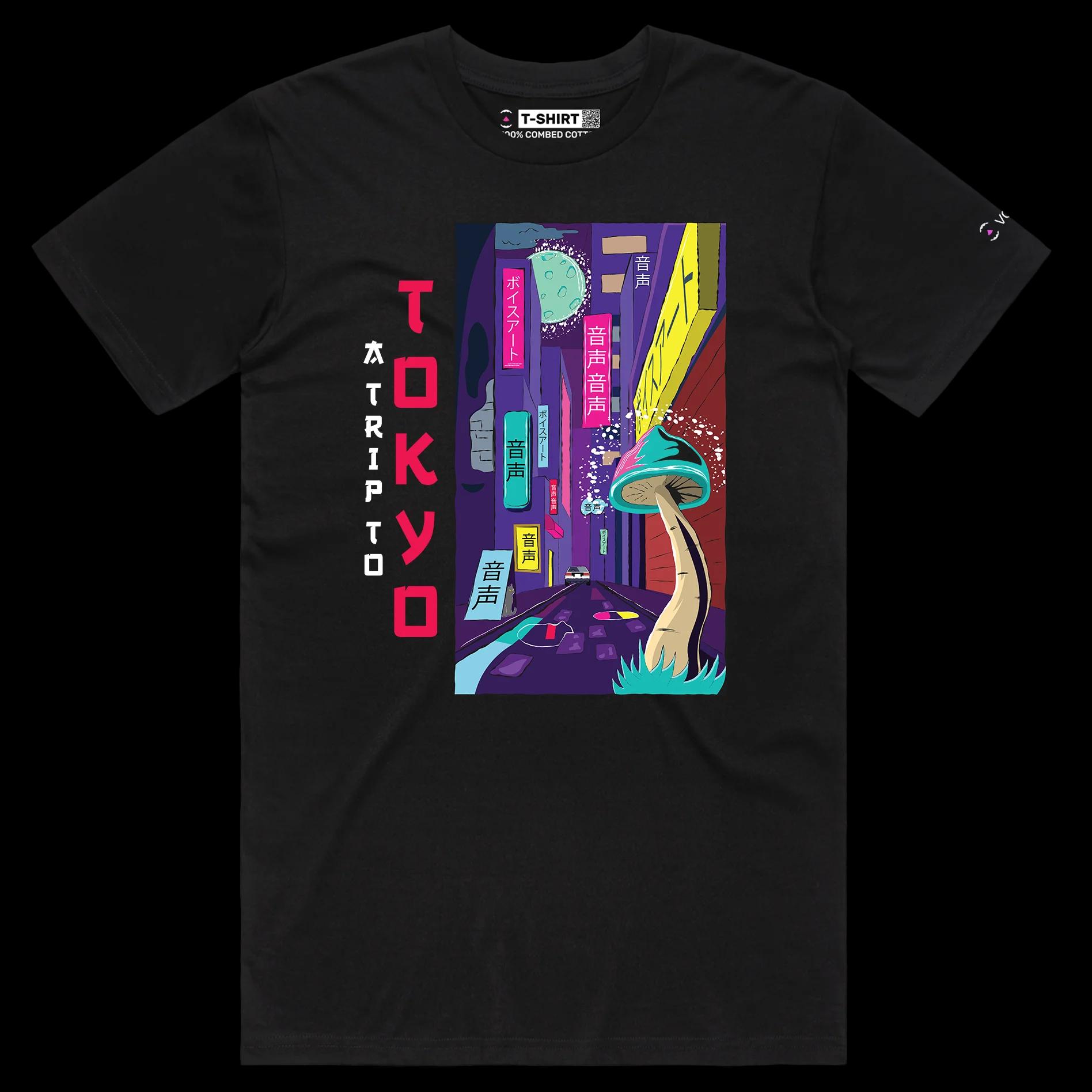 VOICEART Black Male Regular Trip to Tokyo Lifestyle T-Shirt with Premium Quality Graphic Japanese Culture Adventure Tee