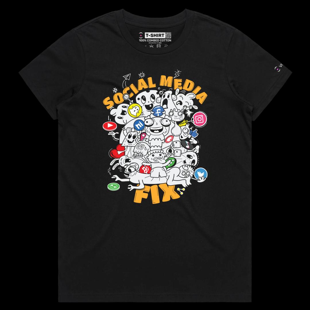 VOICEART Black Female Regular Social Media Fixation Funny shirt Premium Quality Social Issues Addiction Dark Humor Tee v1