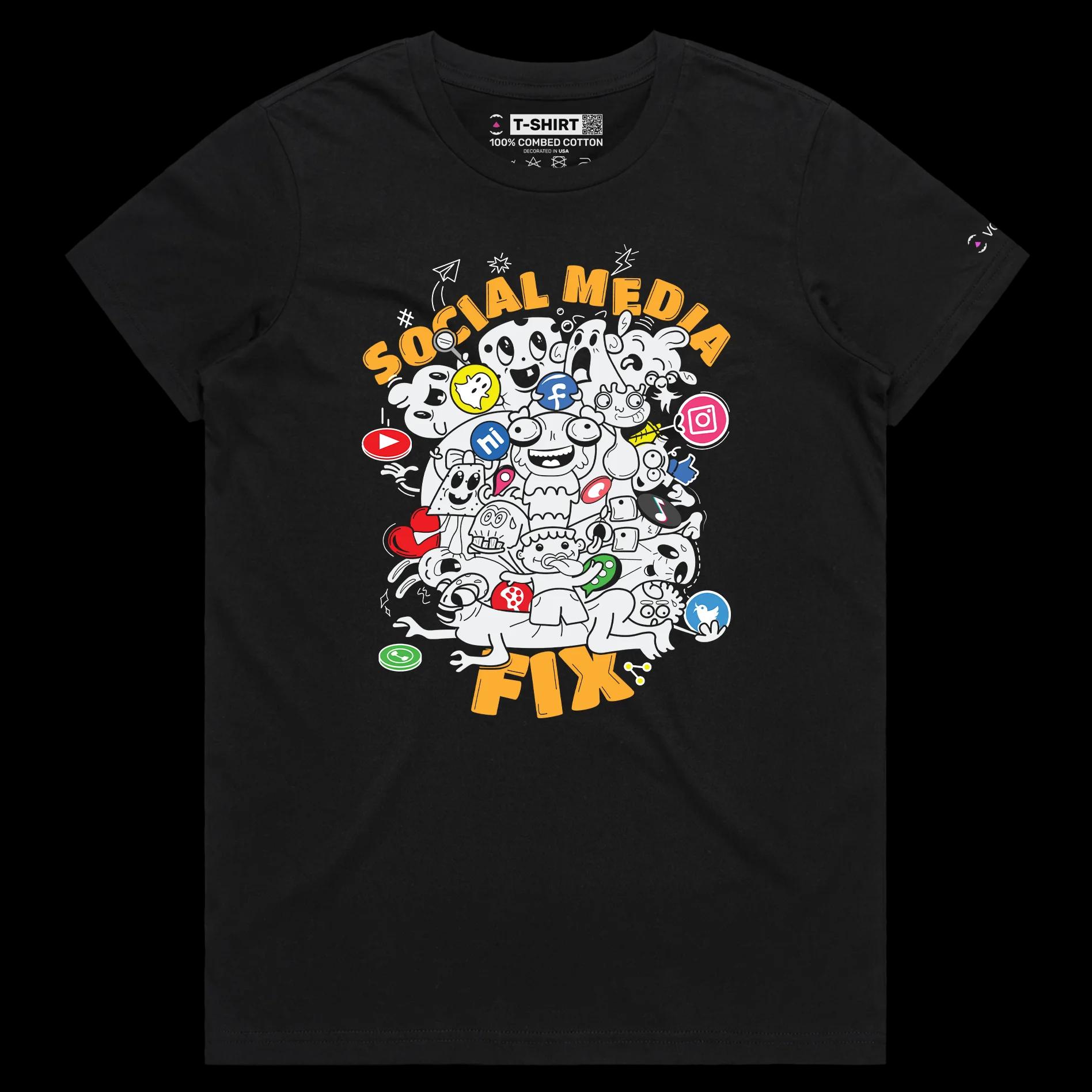 VOICEART Black Female Regular Social Media Fixation Funny shirt Premium Quality Social Issues Addiction Dark Humor Tee v1