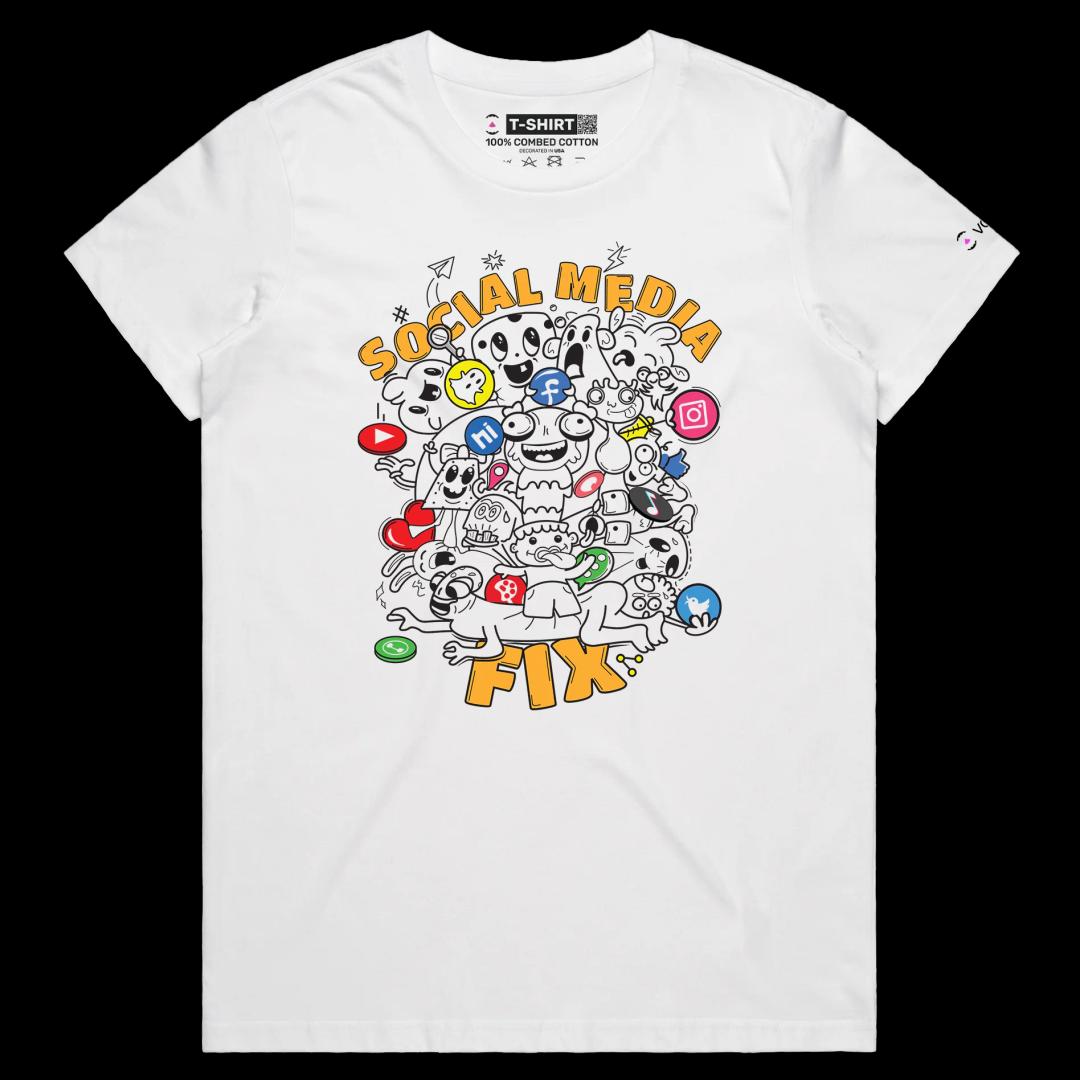 VOICEART White Female Regular Social Media Fixation Funny shirt Premium Quality Social Issues Addiction Dark Humor Tee v1