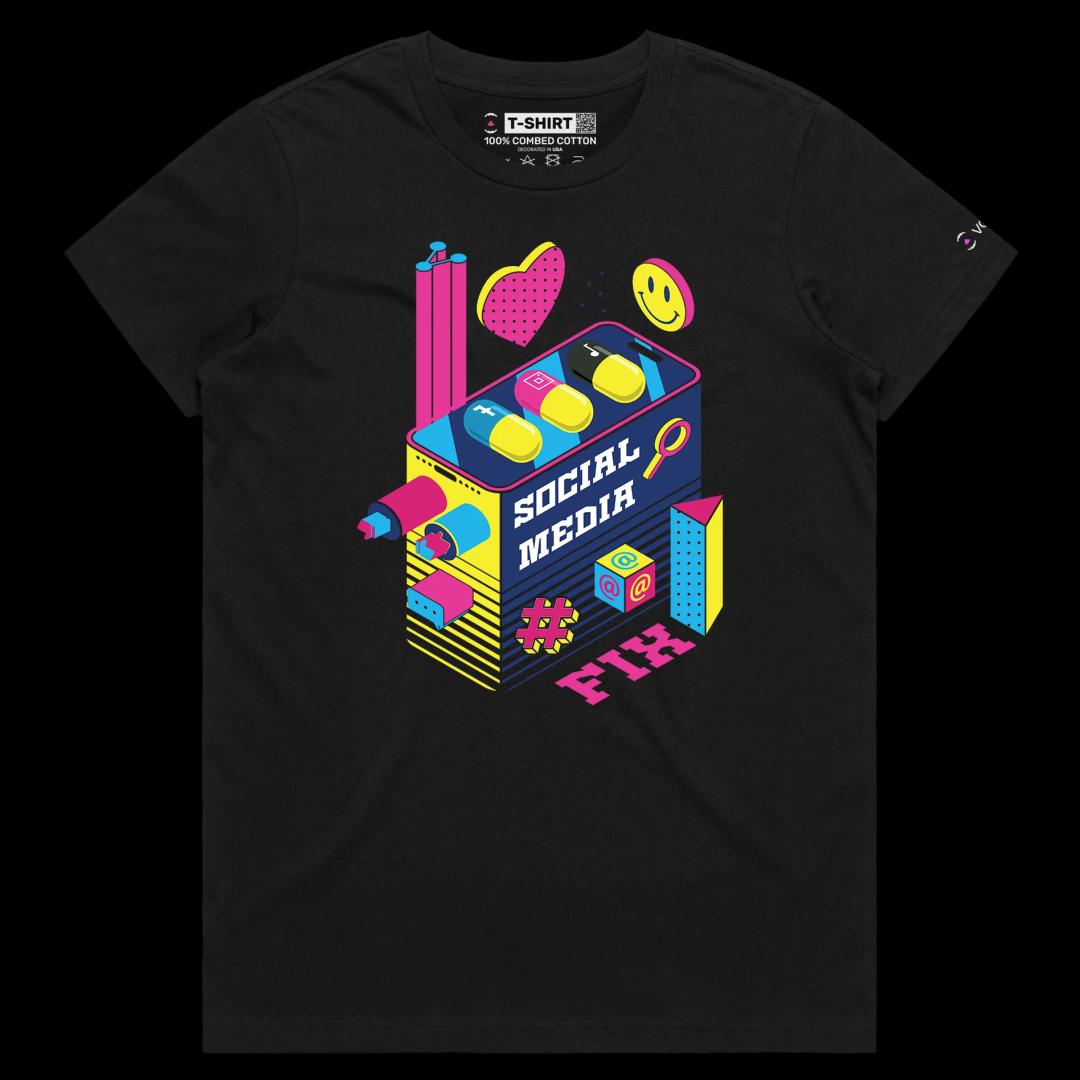 VOICEART Black Female Regular Social Media Fixation Funny shirt Premium Quality Social Issues Addiction Dark Humor Tee v2
