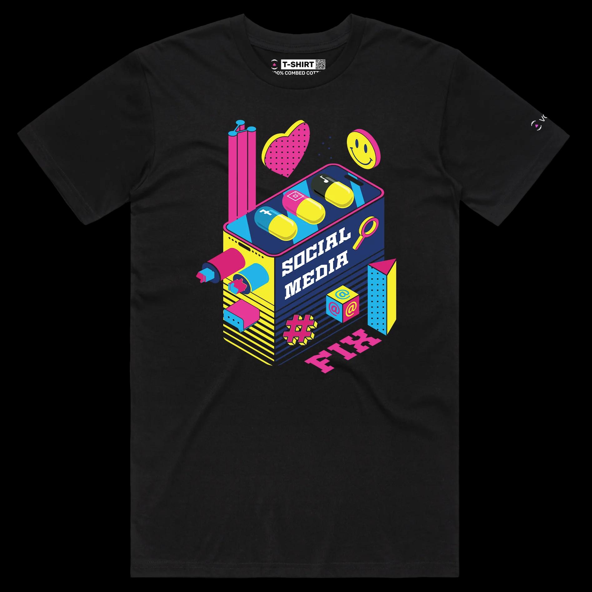 VOICEART Black Male Regular Social Media Fixation Funny shirt Premium Quality Social Issues Addiction Dark Humor Tee v2