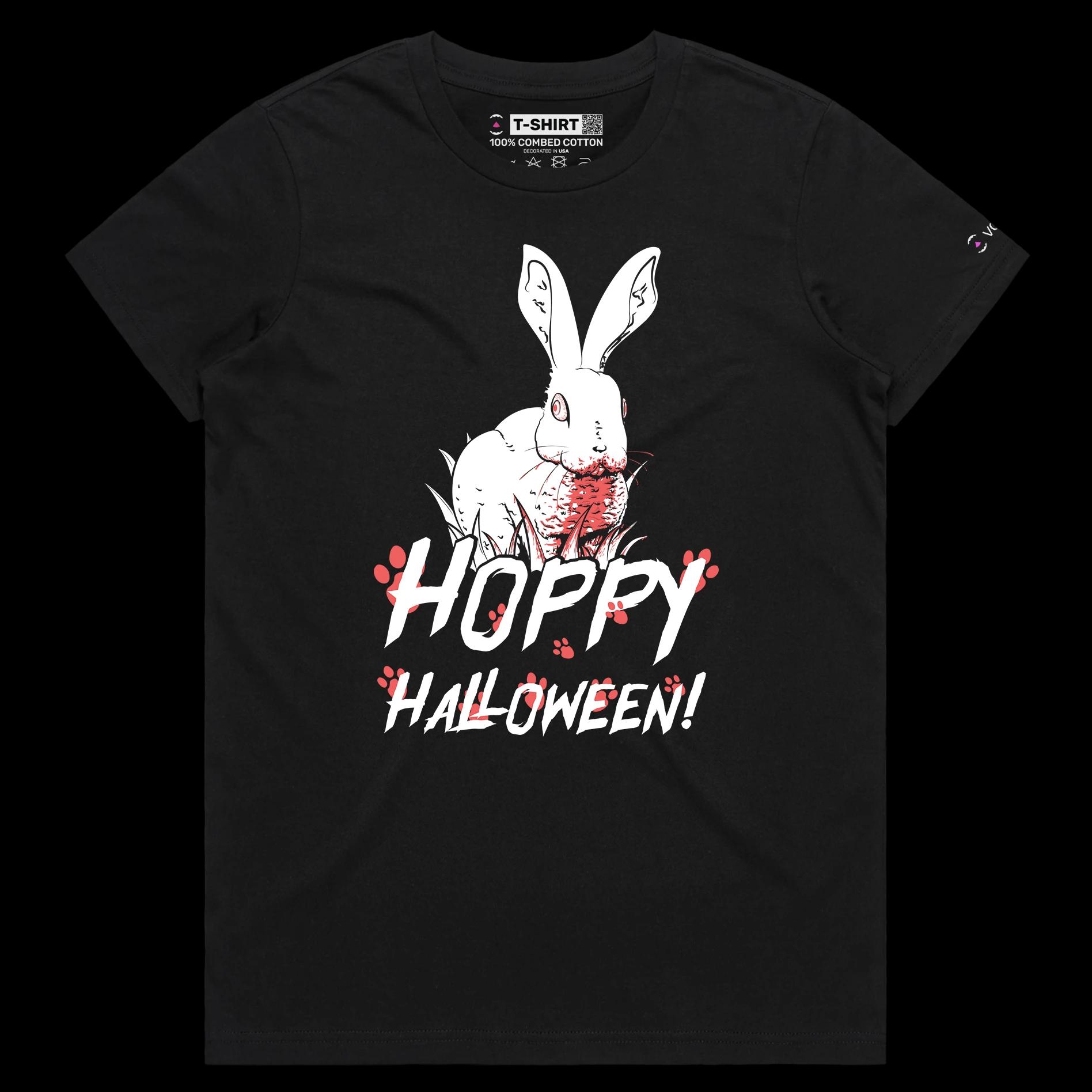 VOICEART Black Female Regular Creepy Bunny Funny Animals Halloween T-Shirt Premium Graphic Design Happy Holidays Wordplay Tee