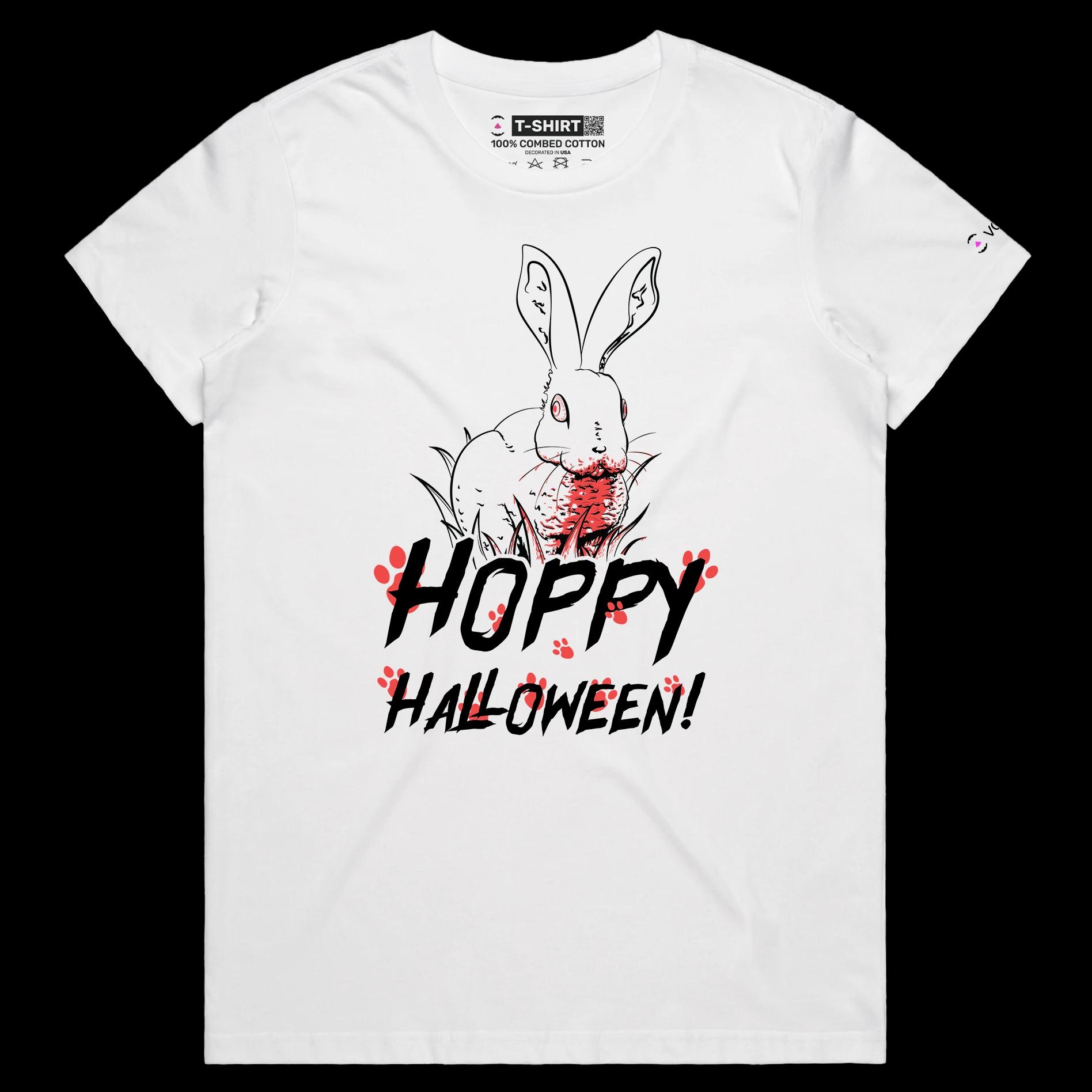 VOICEART White Female Regular Creepy Bunny Funny Animals Halloween T-Shirt Premium Graphic Design Happy Holidays Wordplay Tee